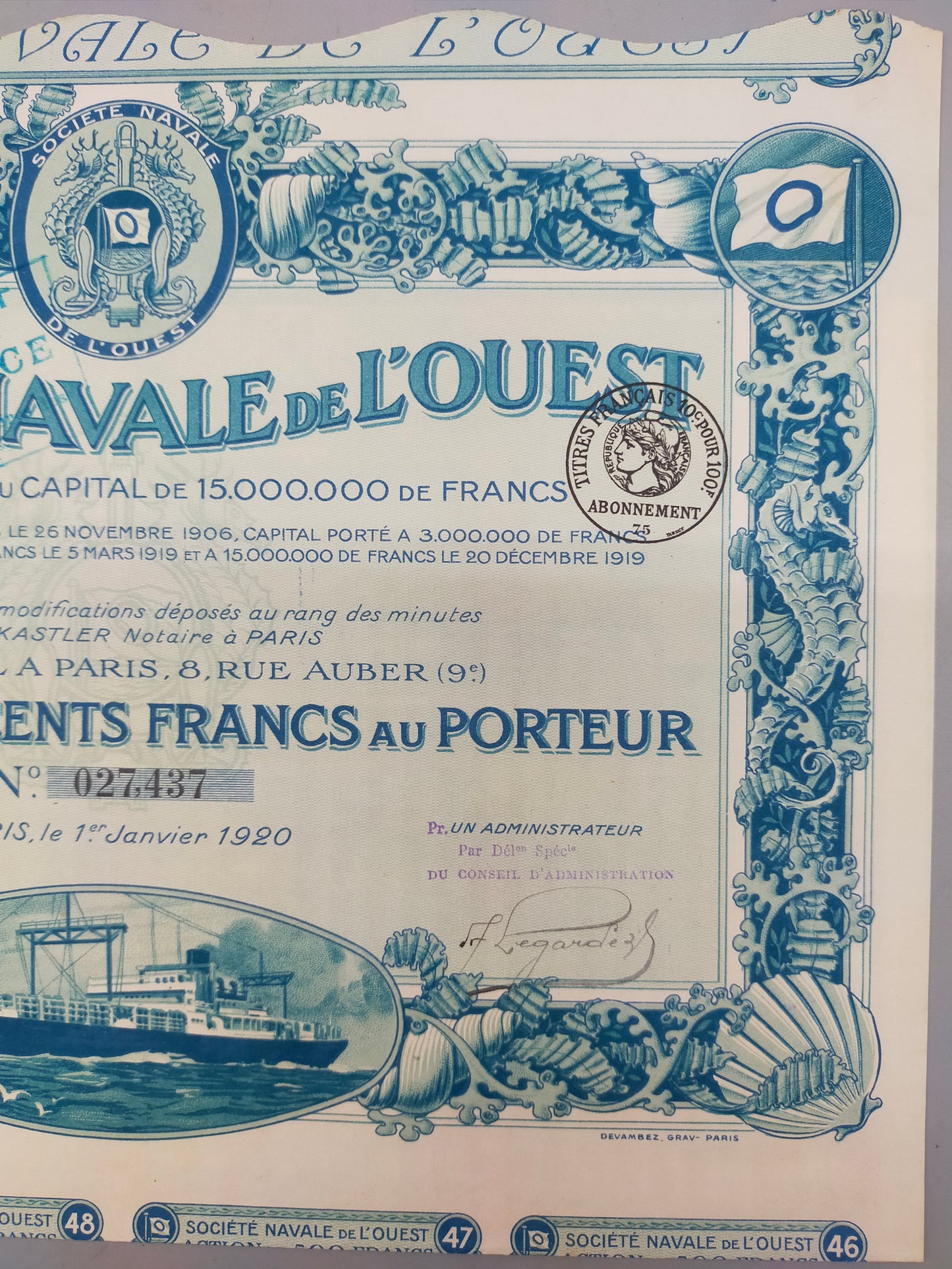 Historische Société Navale de l’Ouest Aktie  Paris 1920