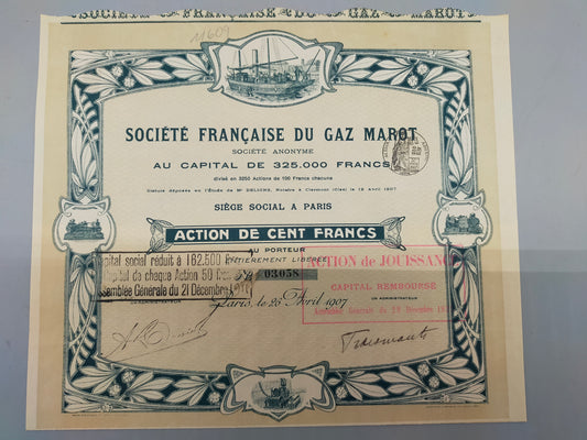 Historische Aktie 1907 Société Française du Gaz Marot Rarität für Sammler