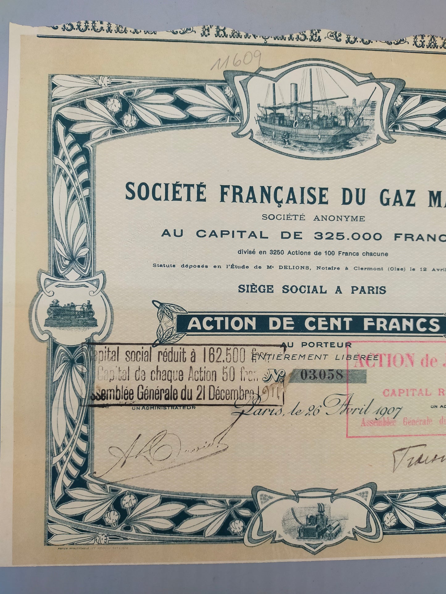 Historische Aktie 1907 Société Française du Gaz Marot Rarität für Sammler