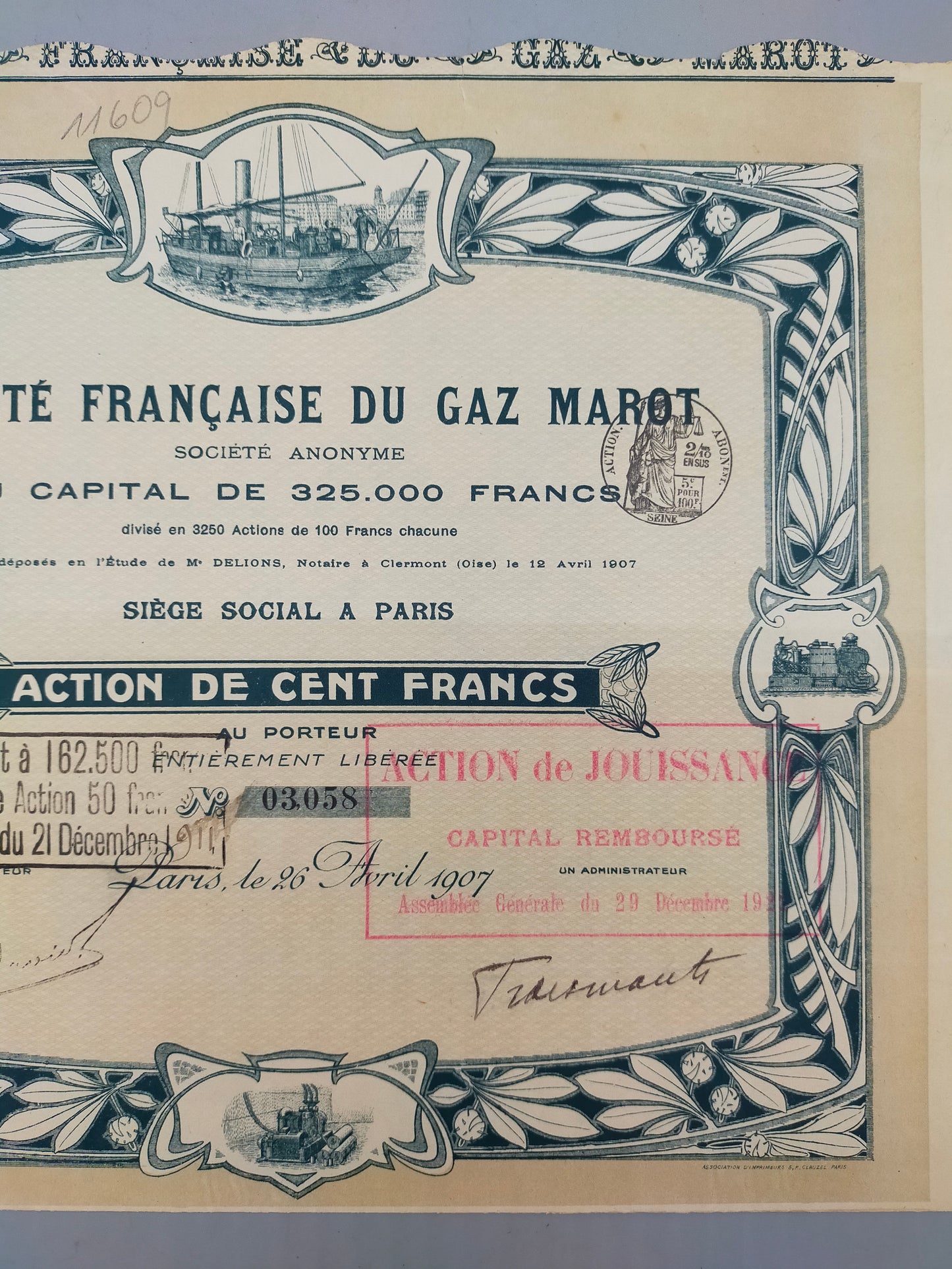 Historische Aktie 1907 Société Française du Gaz Marot Rarität für Sammler