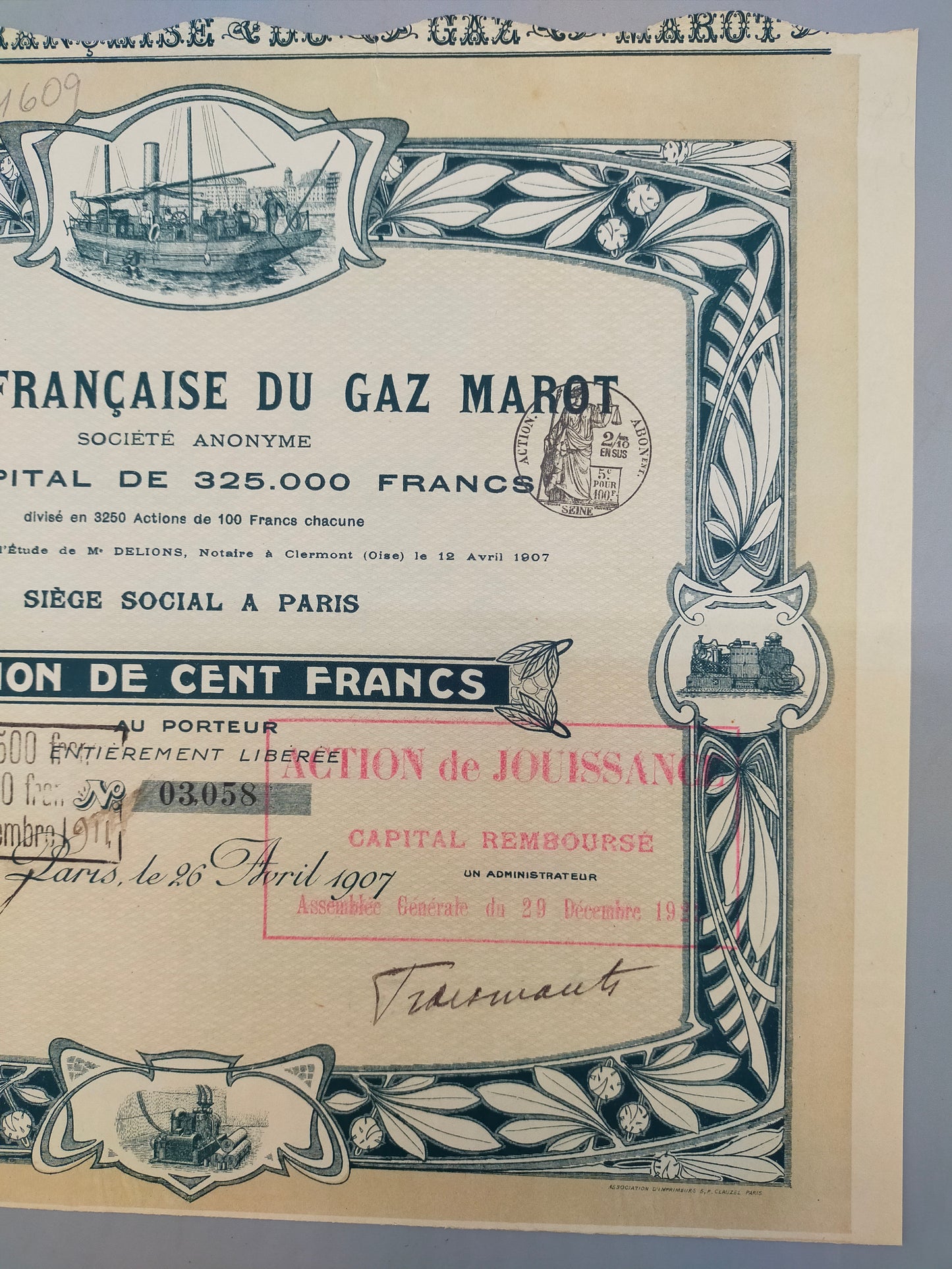 Historische Aktie 1907 Société Française du Gaz Marot Rarität für Sammler