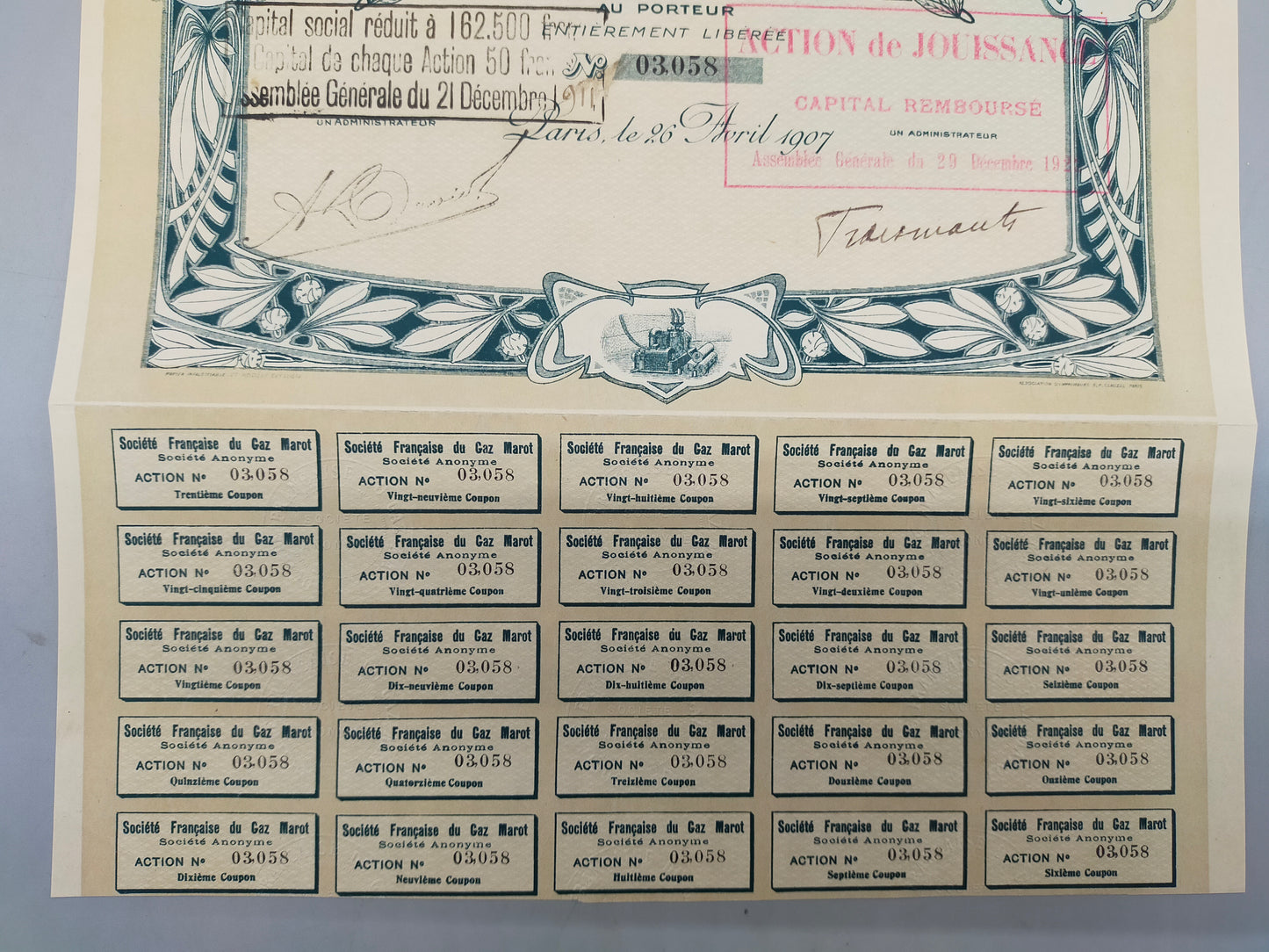 Historische Aktie 1907 Société Française du Gaz Marot Rarität für Sammler