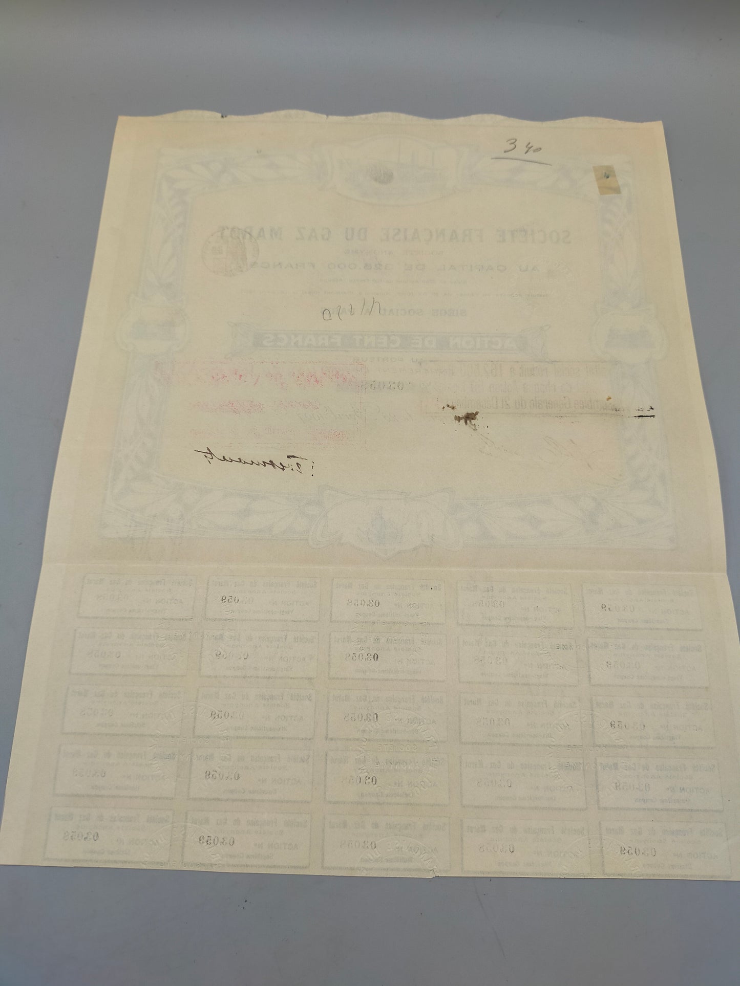 Historische Aktie 1907 Société Française du Gaz Marot Rarität für Sammler
