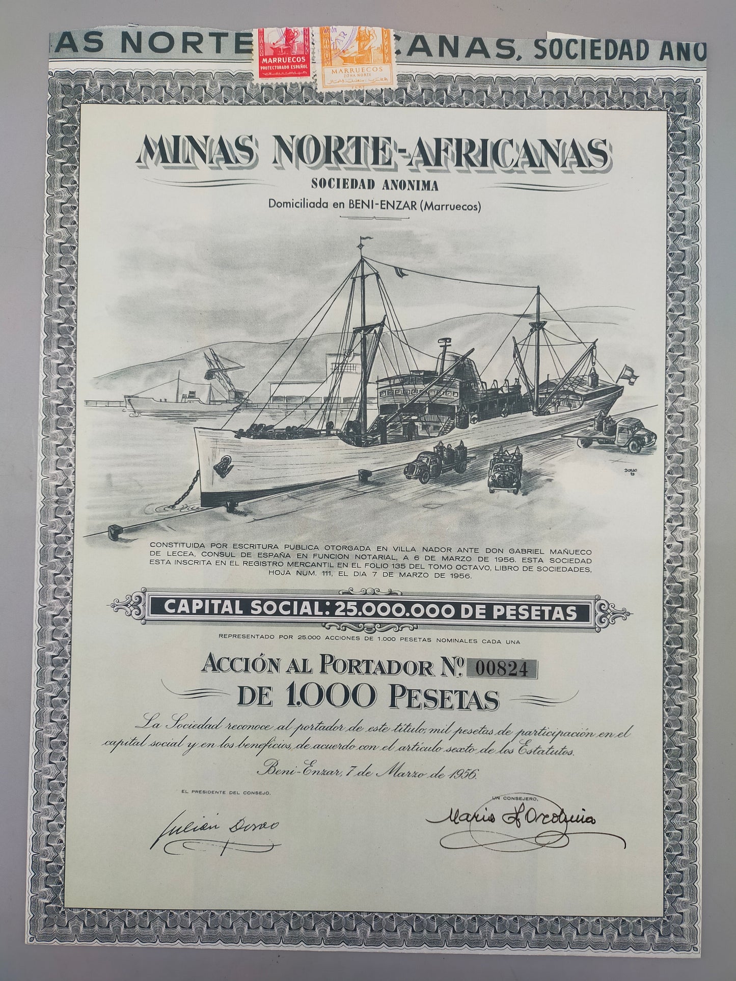 Historische Aktie Minas Norte-Africanas 1956 Beni-Enzar (Marokko)