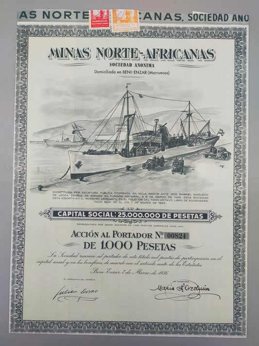 Historische Aktie Minas Norte-Africanas 1956 Beni-Enzar (Marokko)