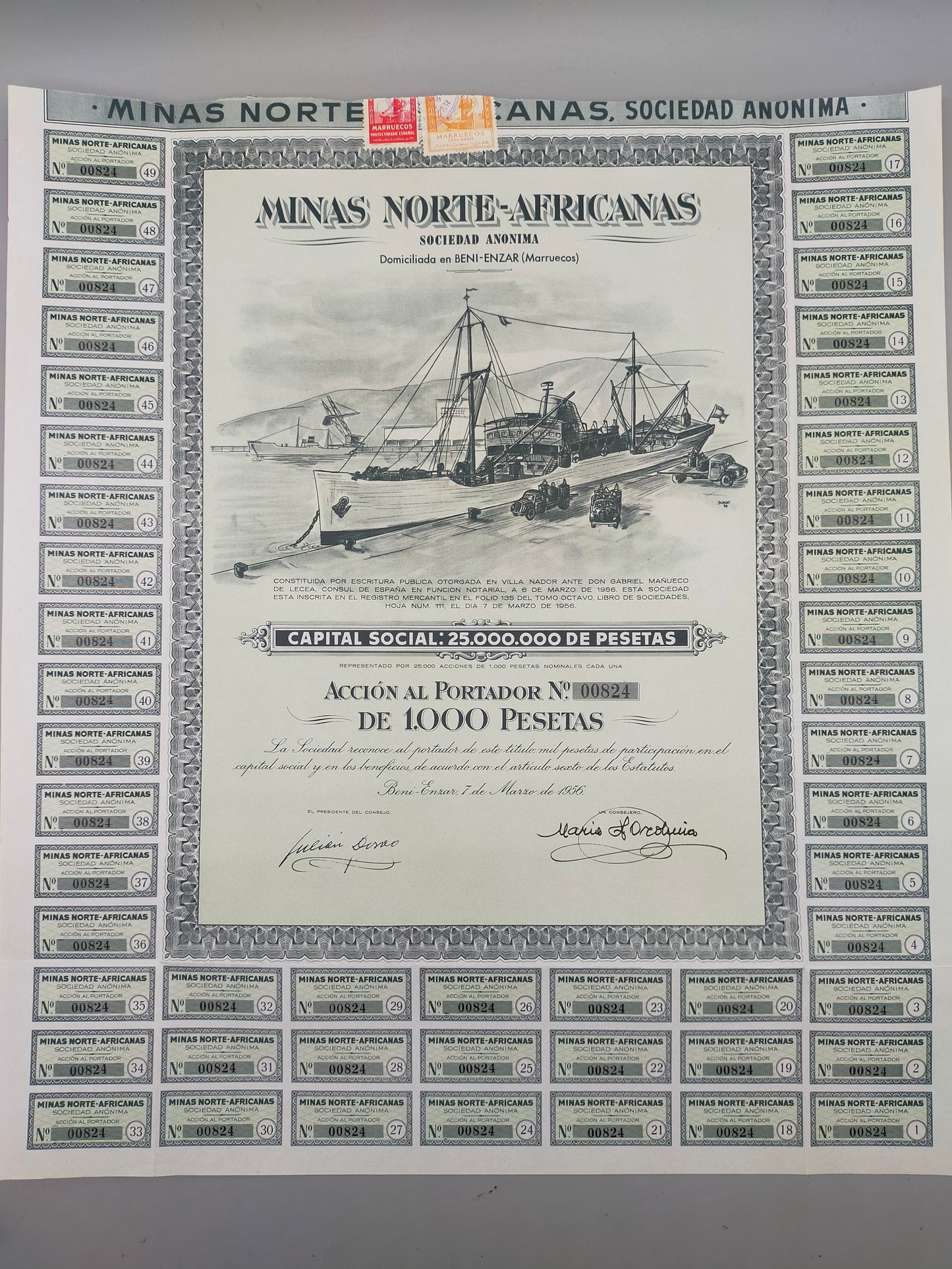 Historische Aktie Minas Norte-Africanas 1956 Beni-Enzar (Marokko)