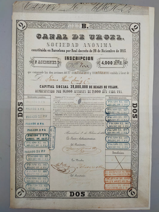 Historische Canal de Urgel Aktie – Barcelona 1853, 2 Acciones