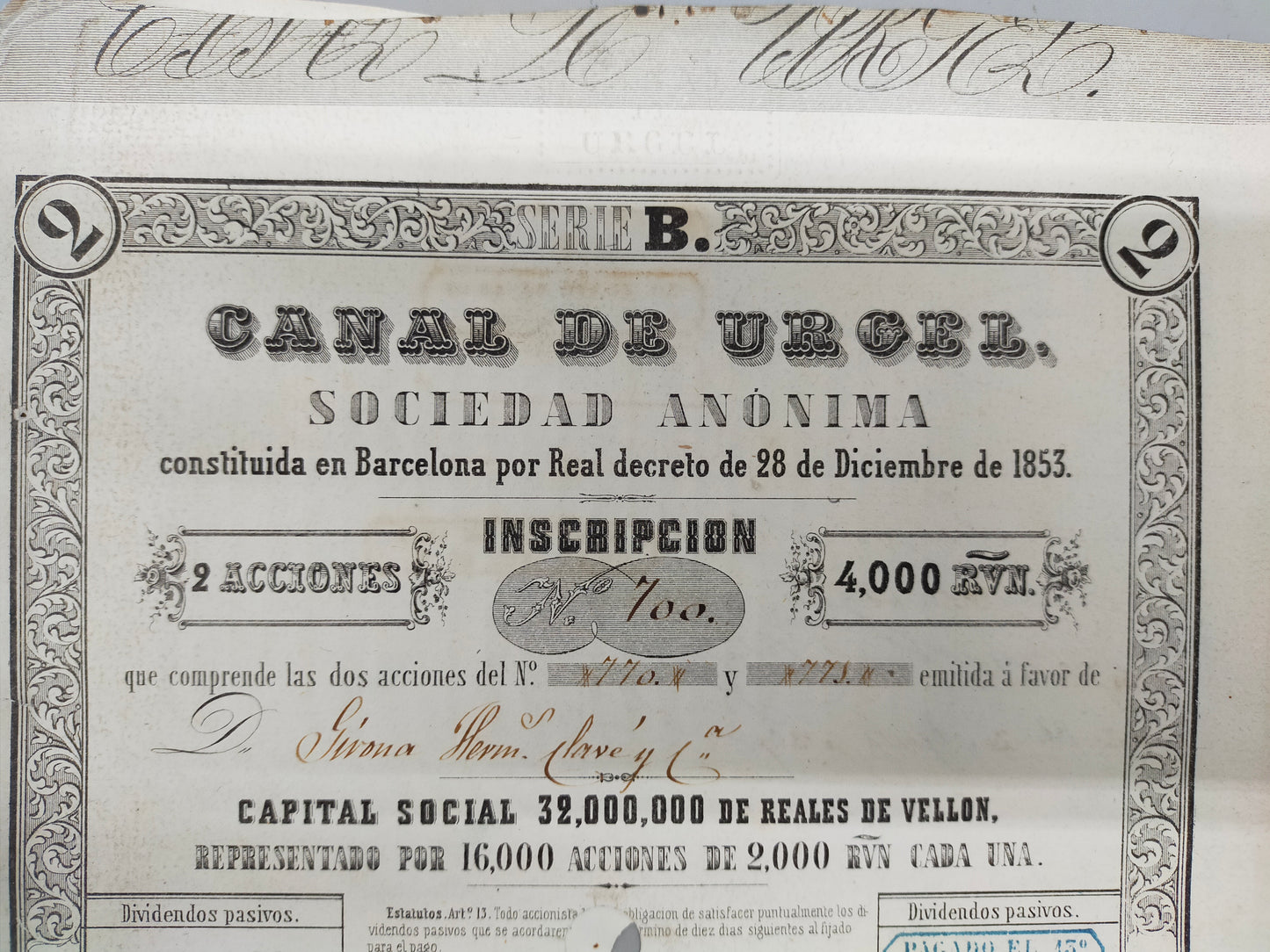 Historische Canal de Urgel Aktie – Barcelona 1853, 2 Acciones