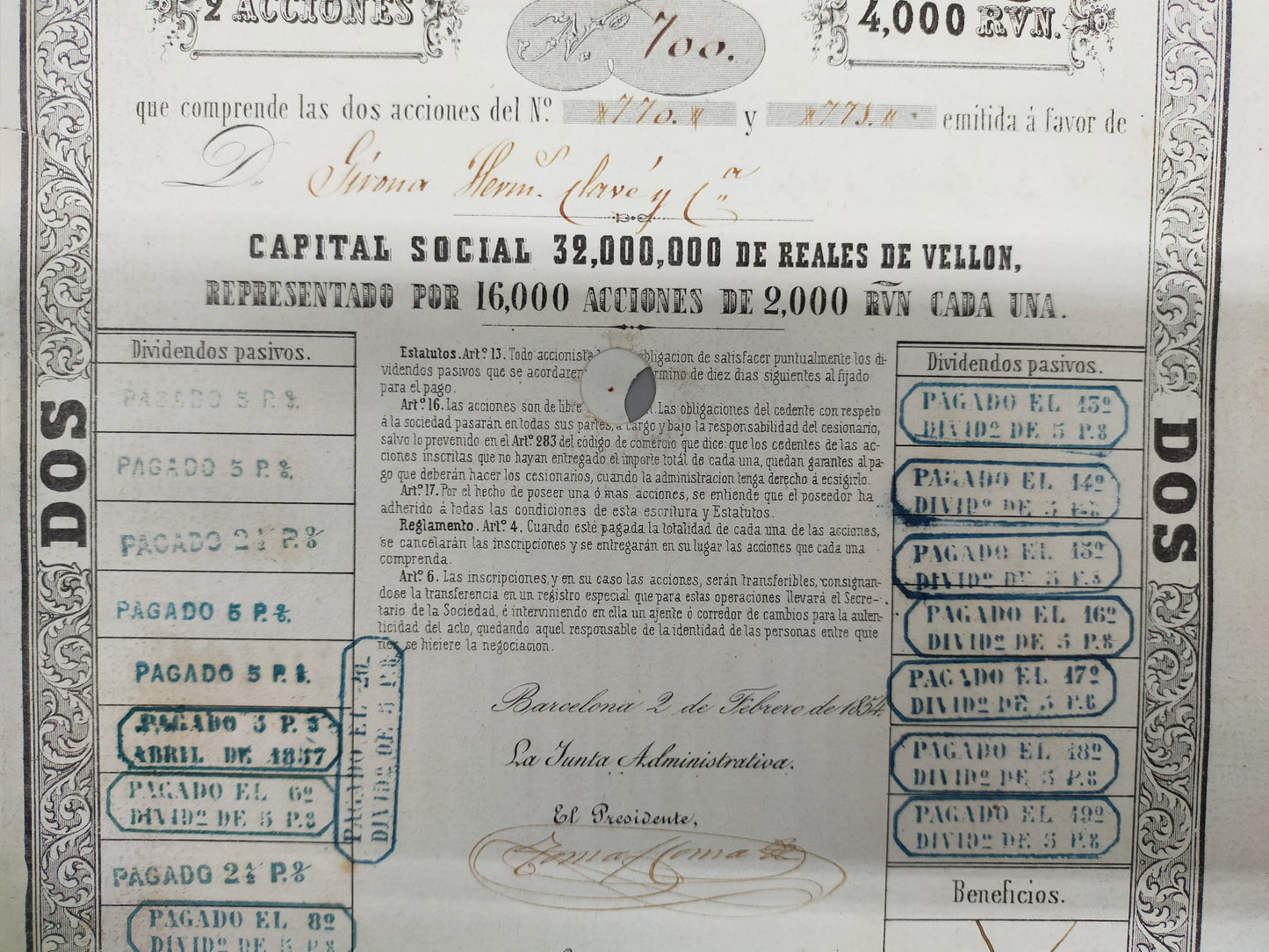 Historische Canal de Urgel Aktie – Barcelona 1853, 2 Acciones
