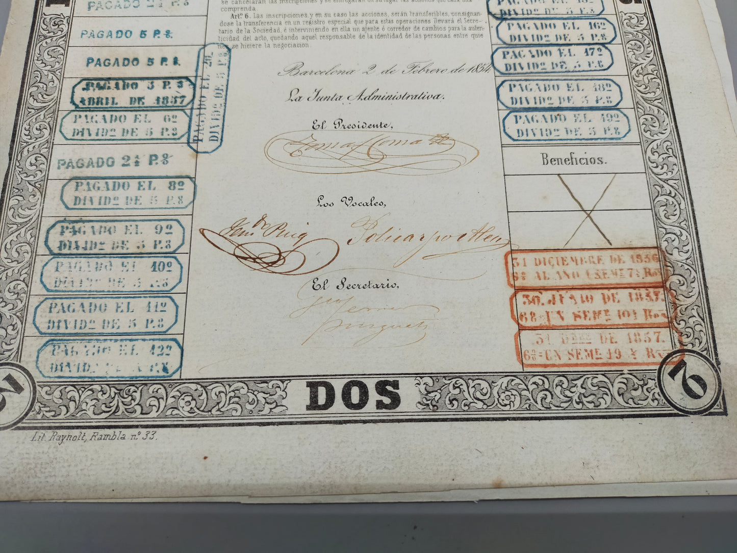 Historische Canal de Urgel Aktie – Barcelona 1853, 2 Acciones