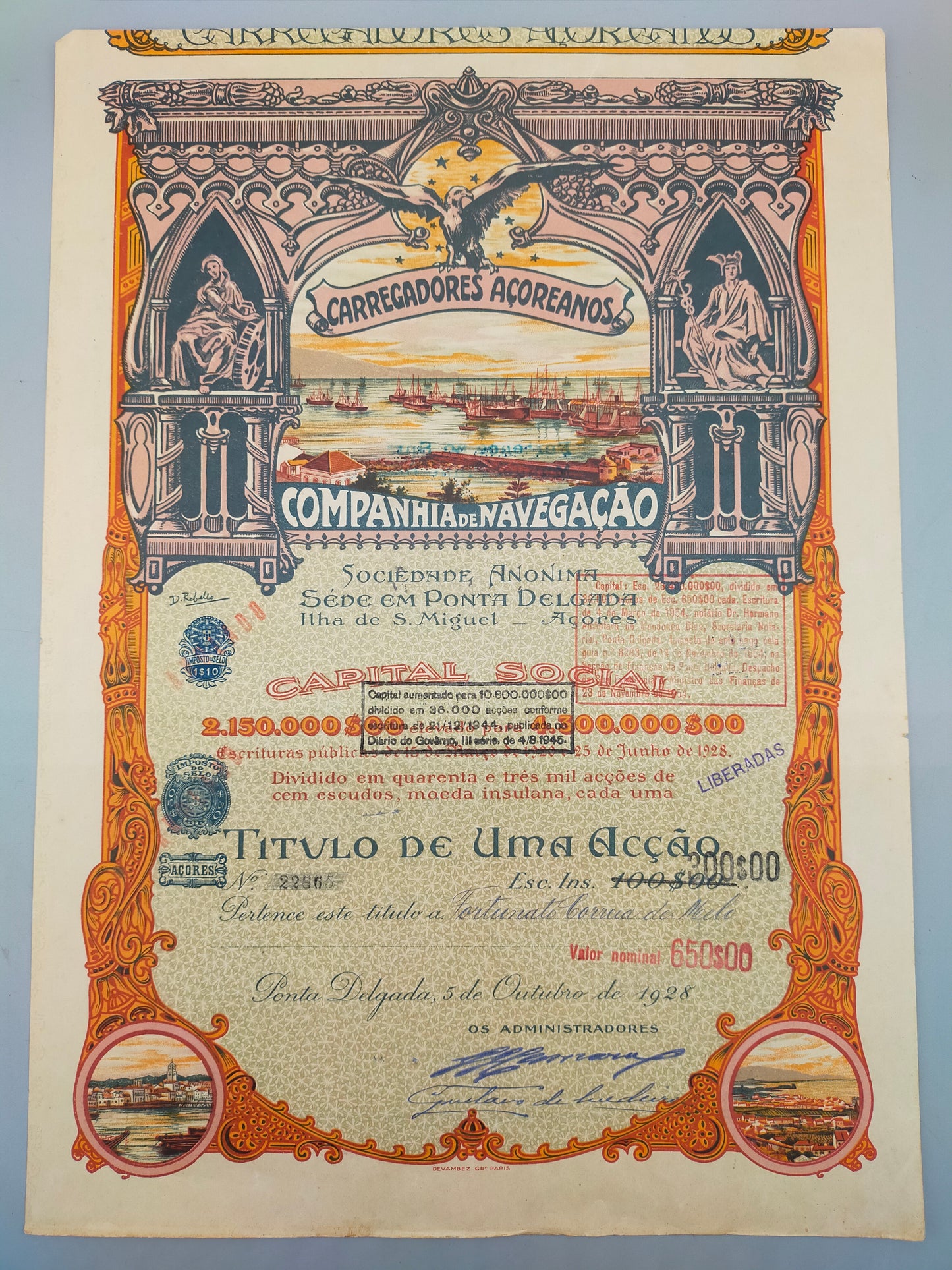 Historische Aktie Carregadores Açoreanos Companhia de Navegacao 1928