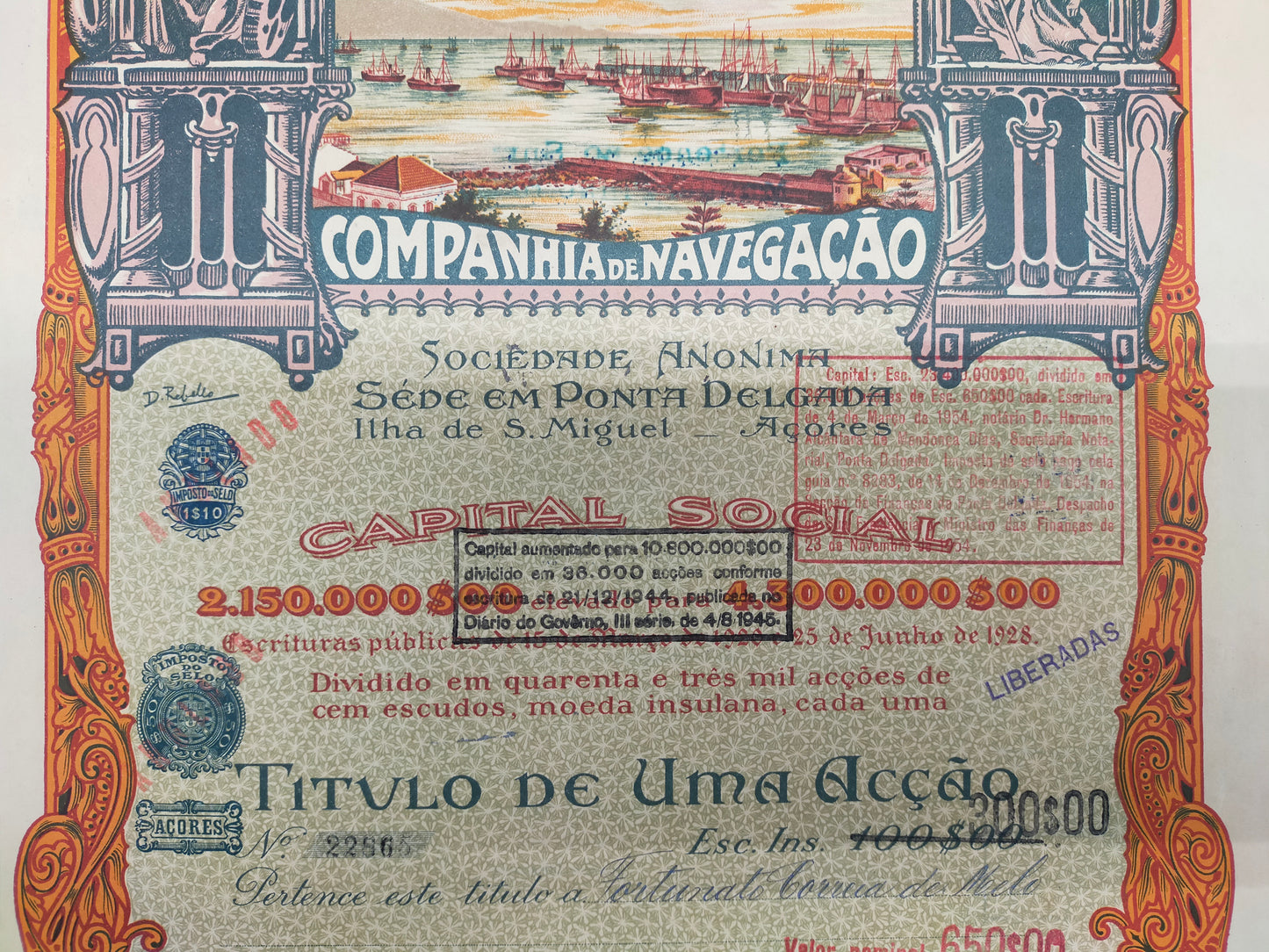Historische Aktie Carregadores Açoreanos Companhia de Navegacao 1928