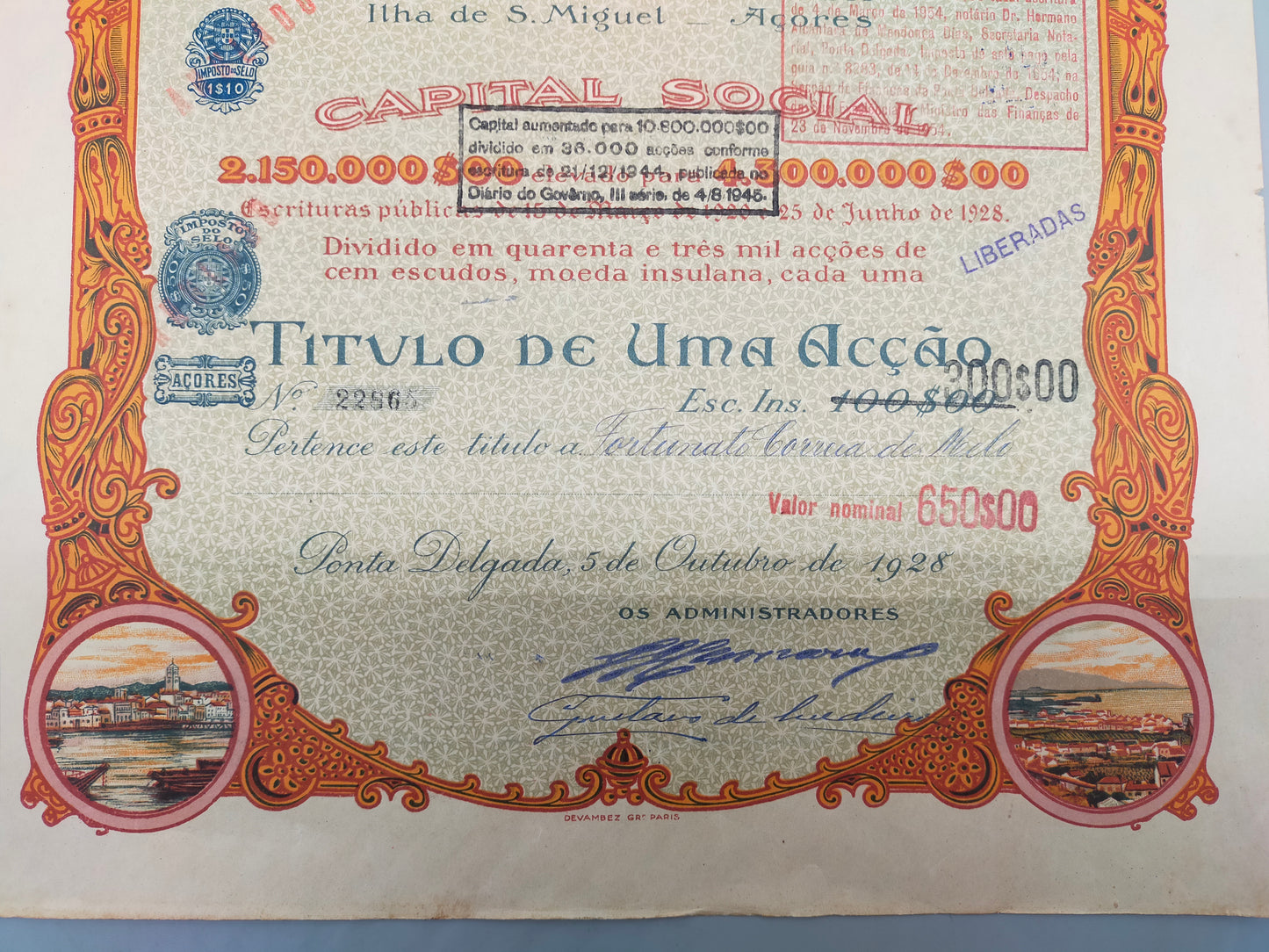 Historische Aktie Carregadores Açoreanos Companhia de Navegacao 1928