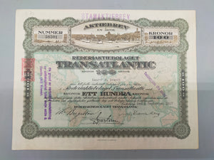 Historische Aktie Rederiaktiebolaget Transatlantic  von 1917