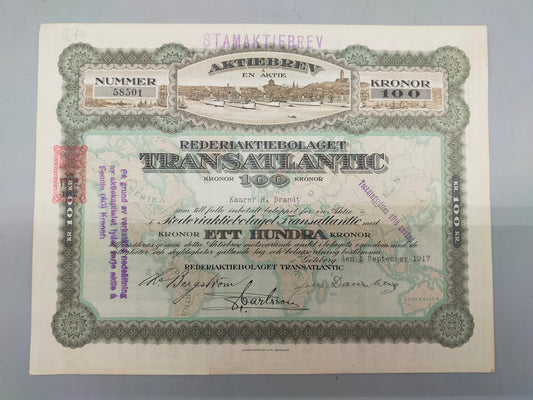 Historische Aktie Rederiaktiebolaget Transatlantic  von 1917