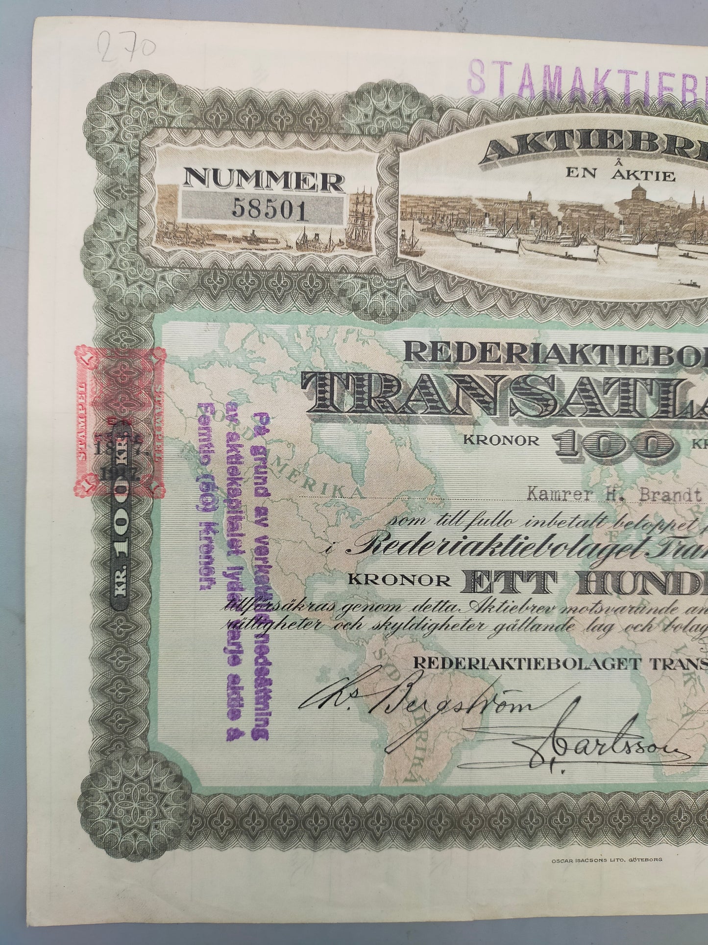 Historische Aktie Rederiaktiebolaget Transatlantic  von 1917