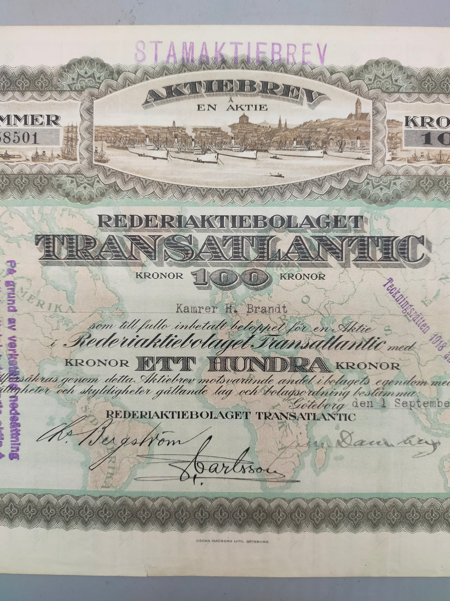 Historische Aktie Rederiaktiebolaget Transatlantic  von 1917