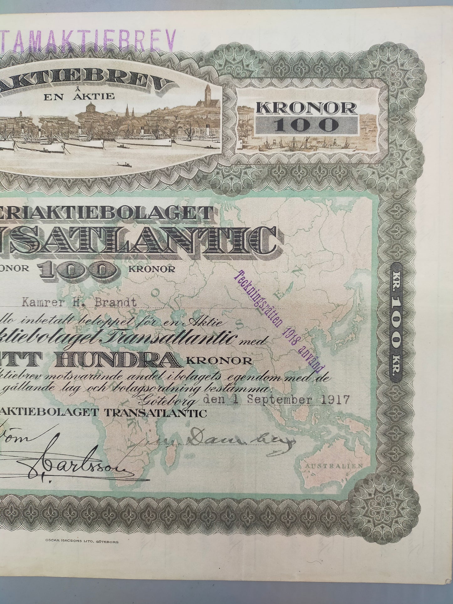 Historische Aktie Rederiaktiebolaget Transatlantic  von 1917