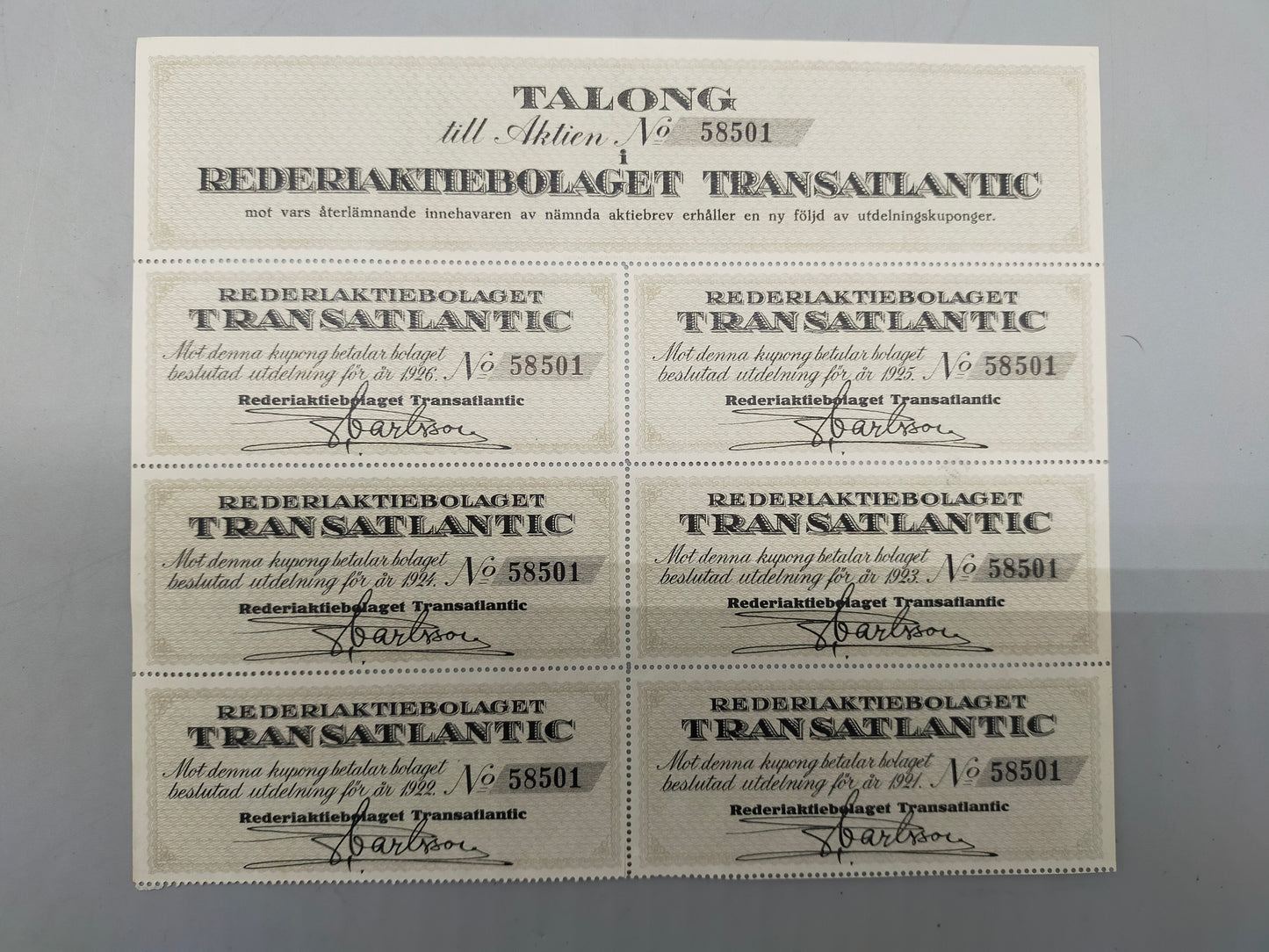 Historische Aktie Rederiaktiebolaget Transatlantic  von 1917