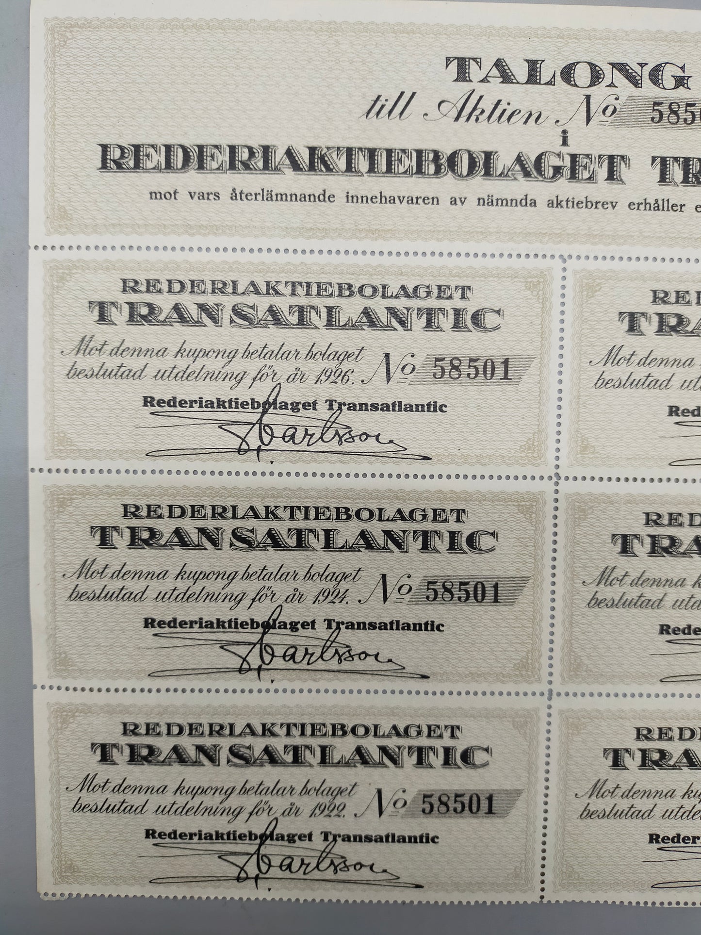 Historische Aktie Rederiaktiebolaget Transatlantic  von 1917