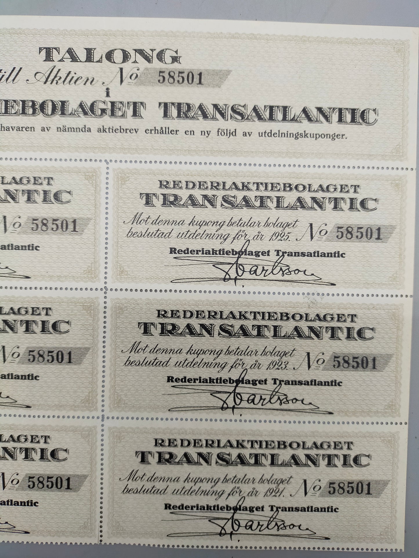 Historische Aktie Rederiaktiebolaget Transatlantic  von 1917
