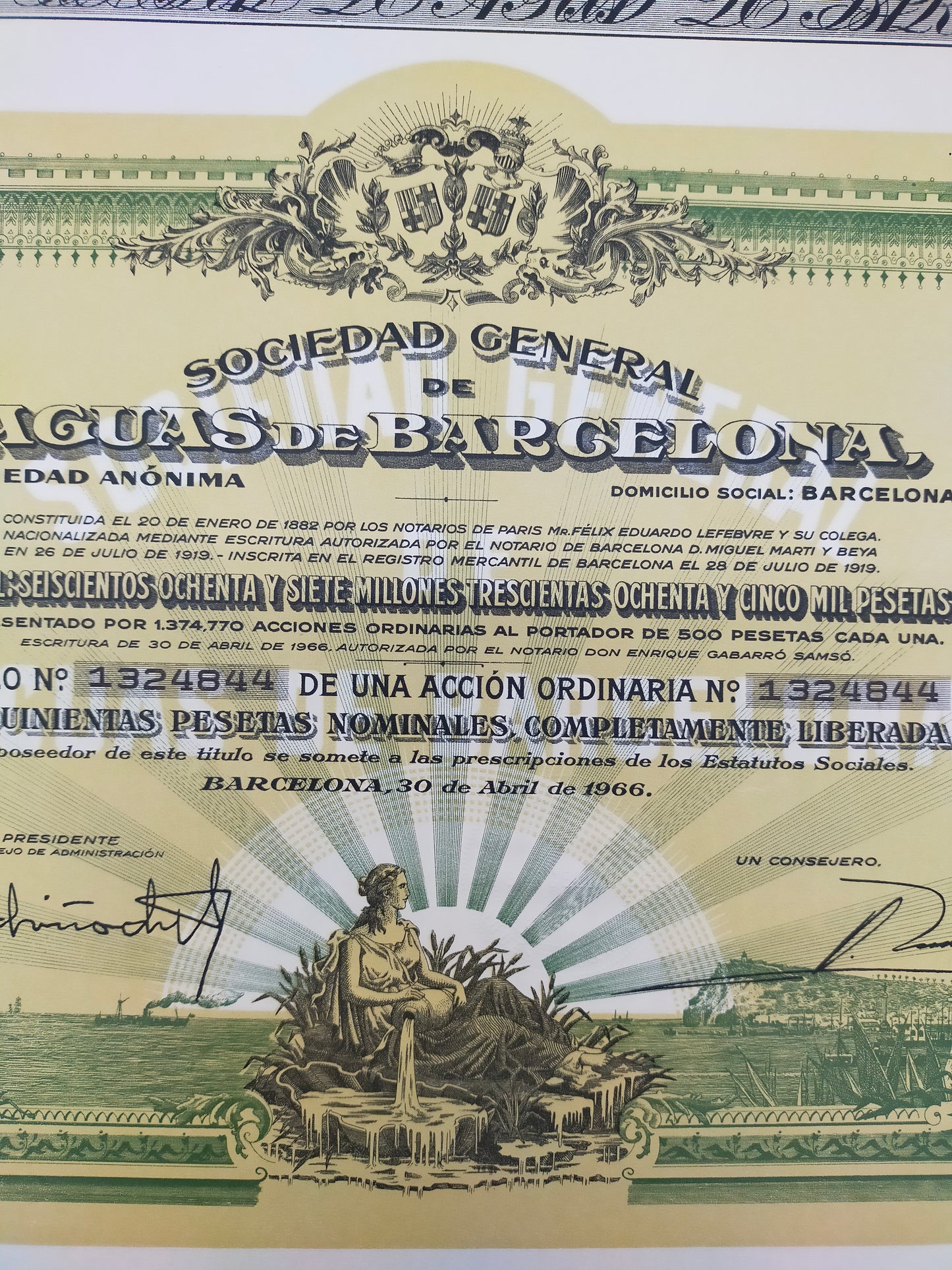 Historische Aktienurkunde Sociedad General de Aguas de Barcelona 1966
