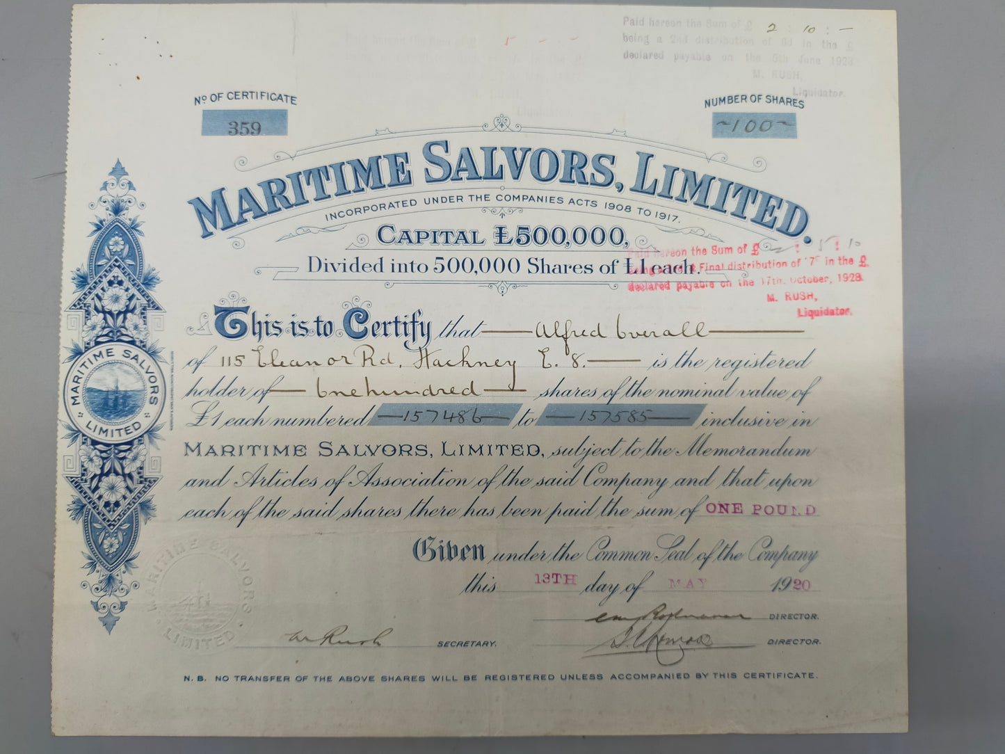Historische Aktienurkunde Maritime Salvors Limited von 1920