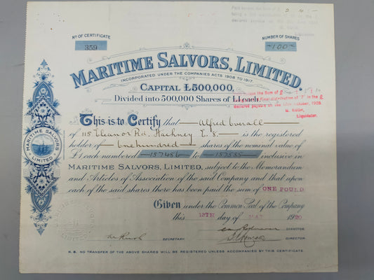 Historische Aktienurkunde Maritime Salvors Limited von 1920