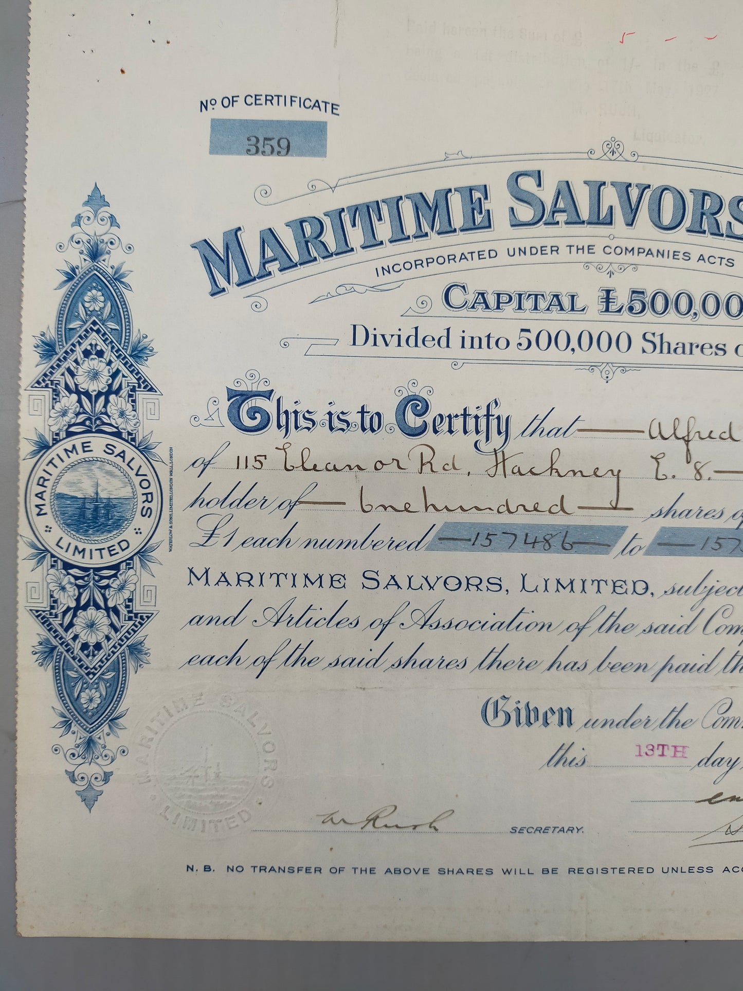Historische Aktienurkunde Maritime Salvors Limited von 1920