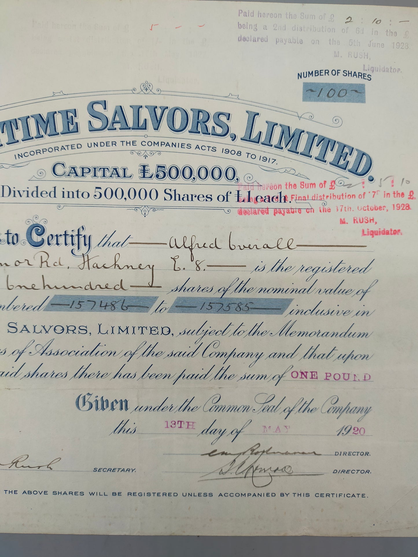 Historische Aktienurkunde Maritime Salvors Limited von 1920