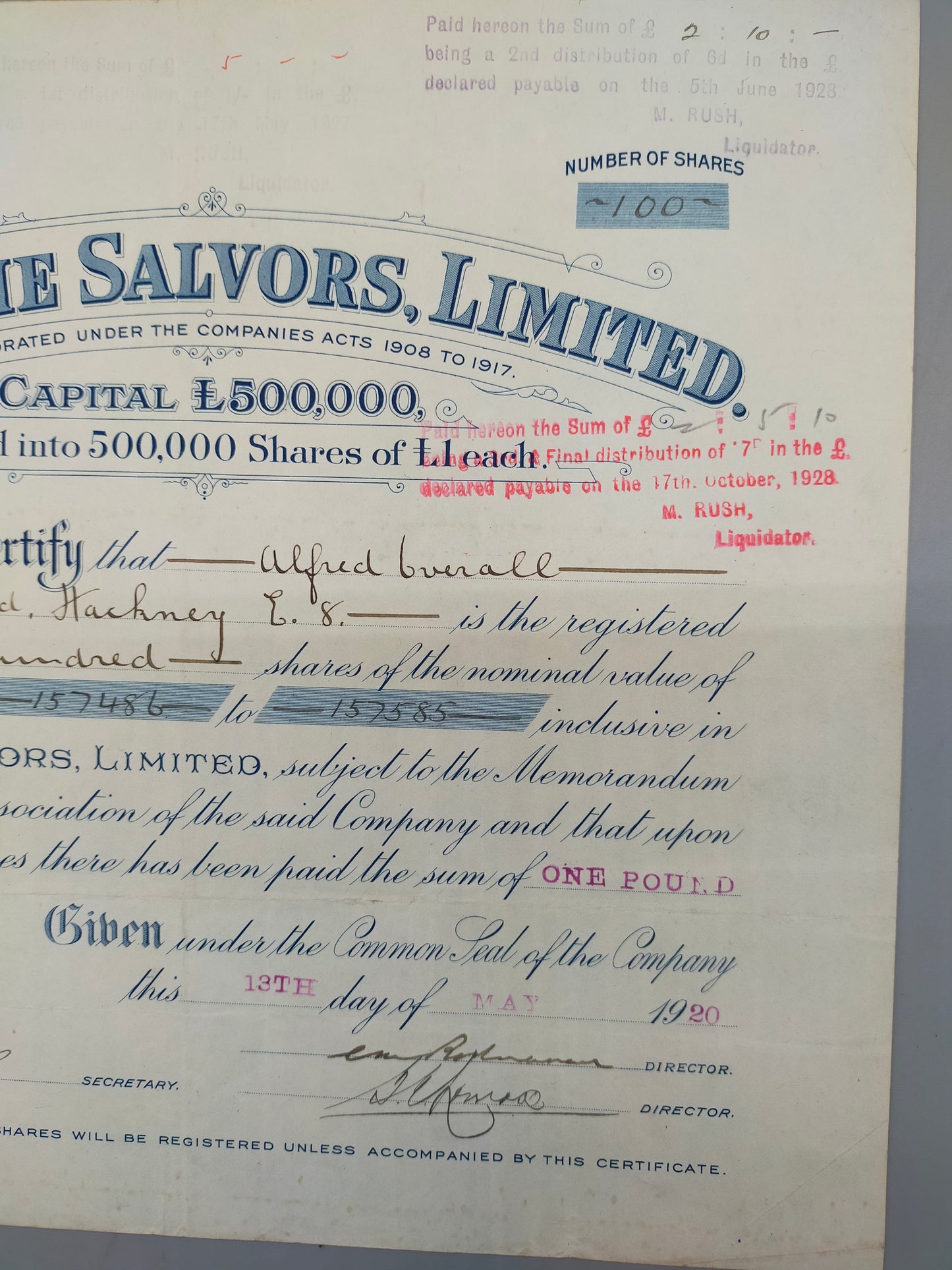 Historische Aktienurkunde Maritime Salvors Limited von 1920