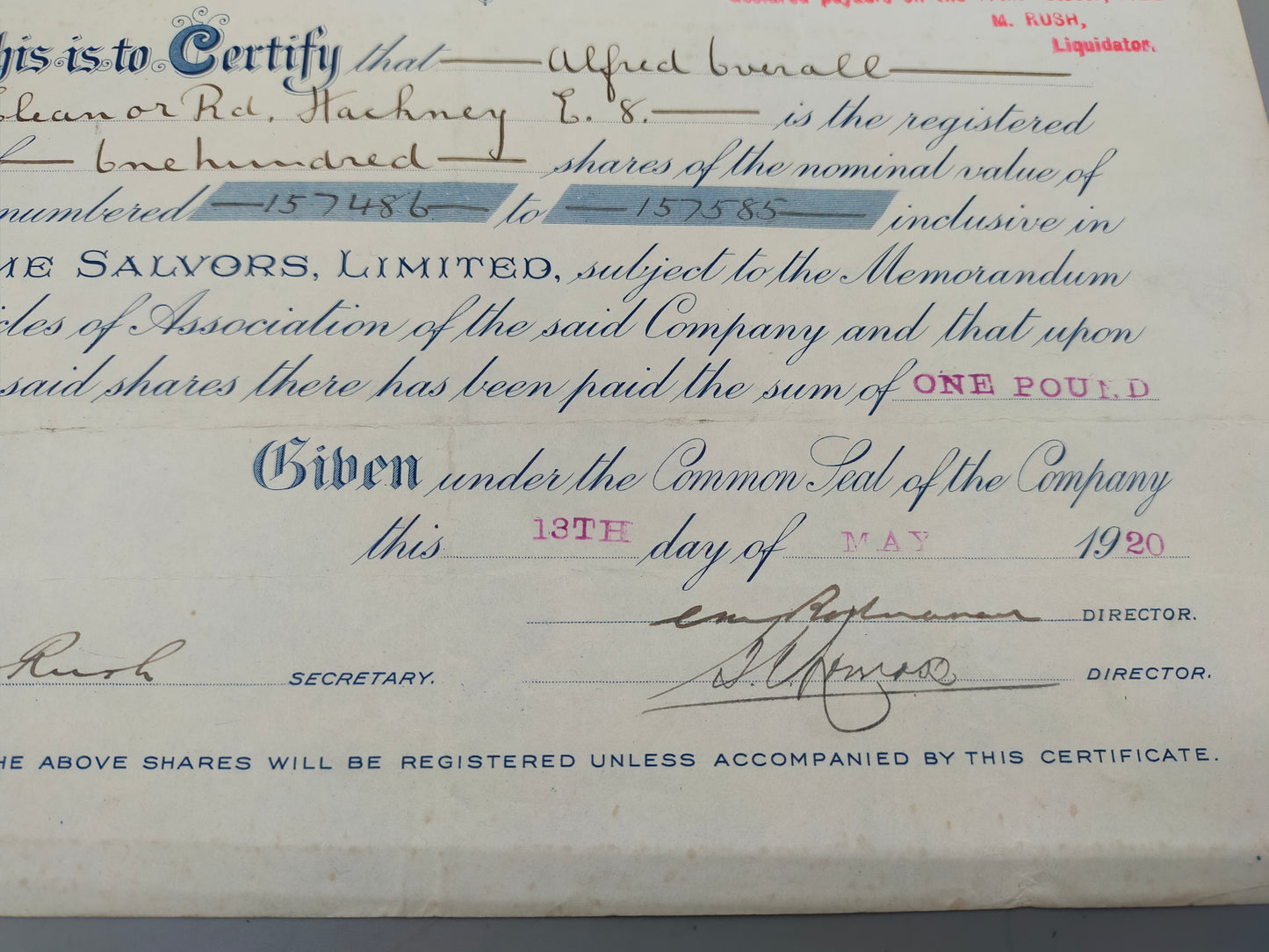 Historische Aktienurkunde Maritime Salvors Limited von 1920