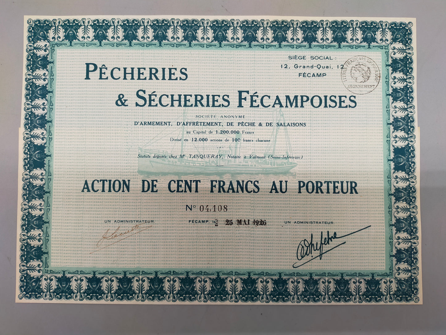 Historische Aktie Pêcheries & Sécheries Fécampoises Fécamp 1926