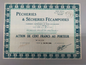 Historische Aktie Pêcheries & Sécheries Fécampoises Fécamp 1926
