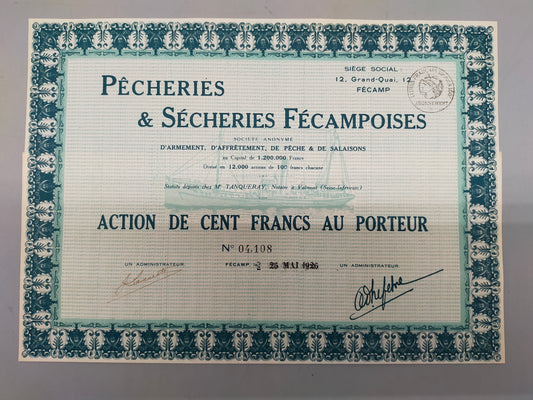 Historische Aktie Pêcheries & Sécheries Fécampoises Fécamp 1926