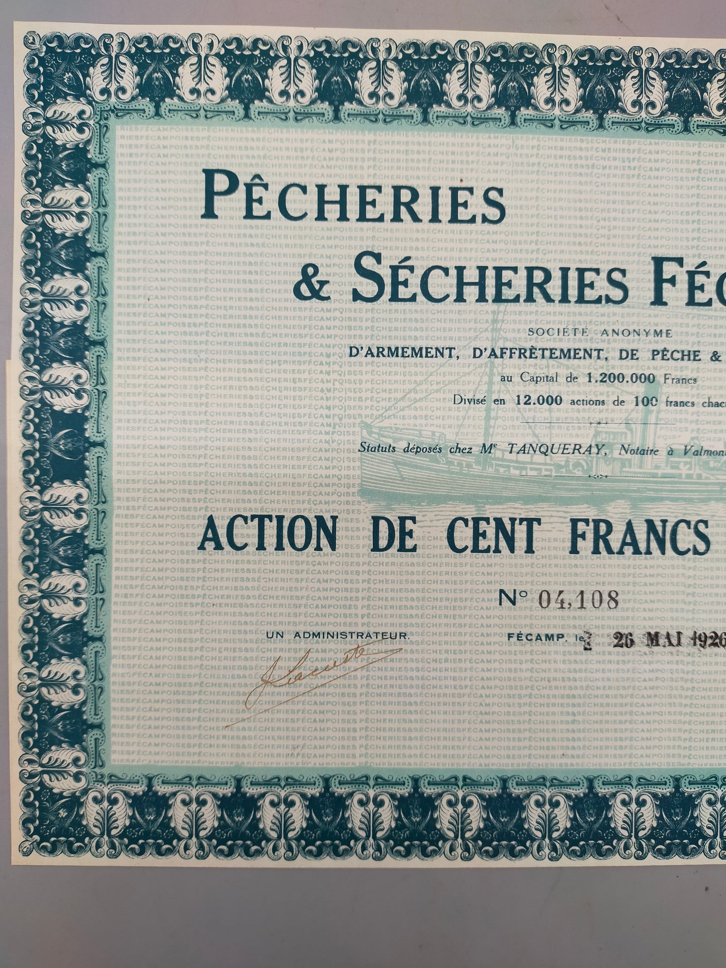 Historische Aktie Pêcheries & Sécheries Fécampoises Fécamp 1926