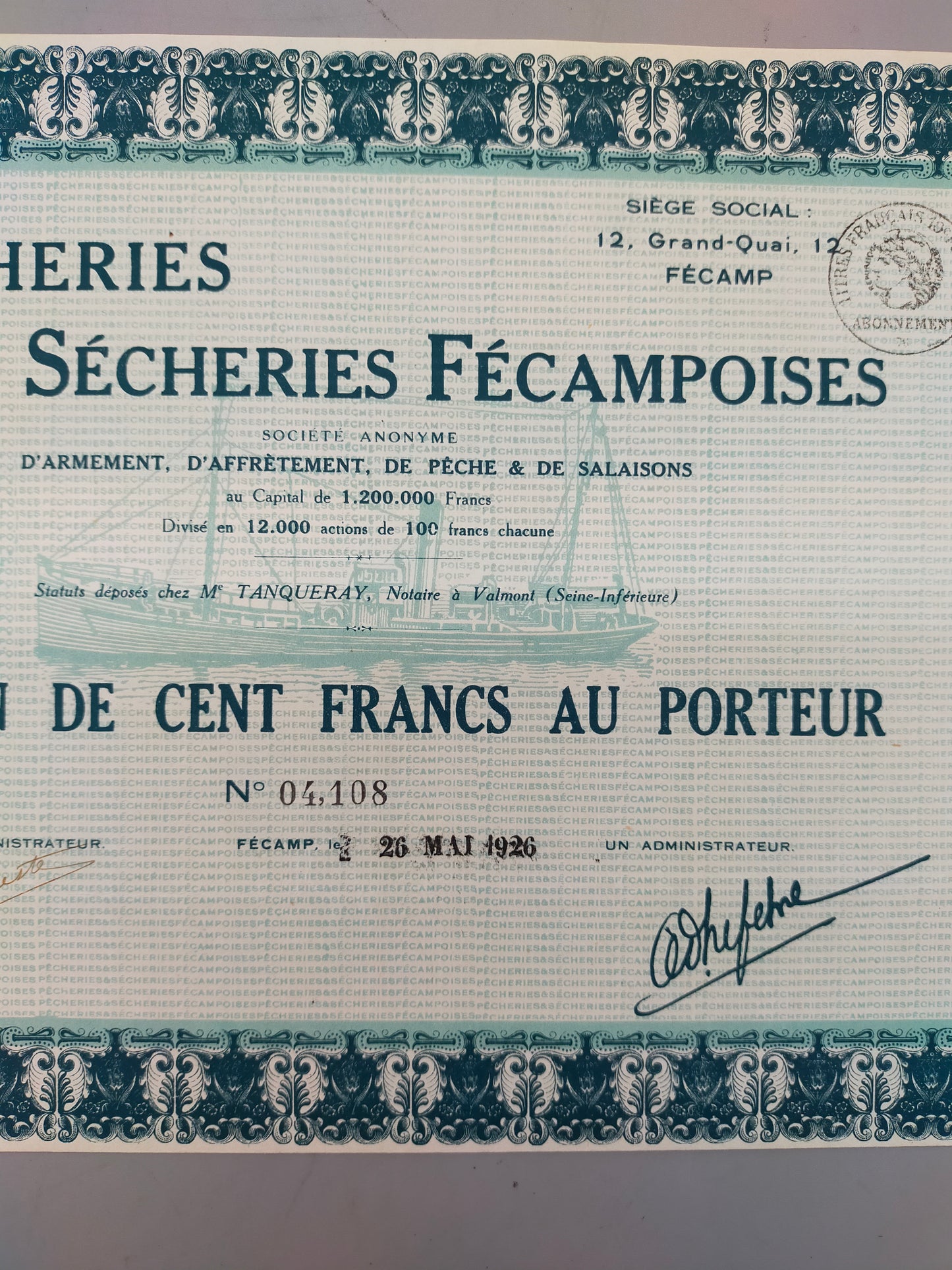Historische Aktie Pêcheries & Sécheries Fécampoises Fécamp 1926