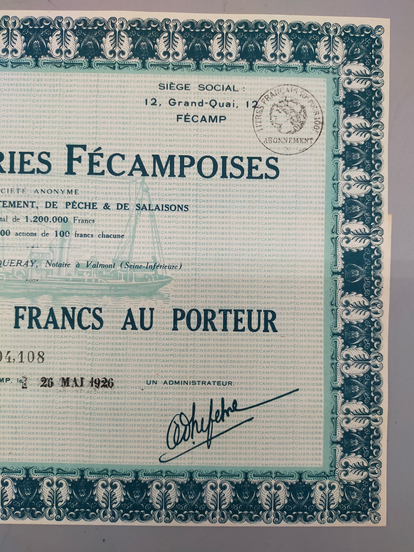 Historische Aktie Pêcheries & Sécheries Fécampoises Fécamp 1926