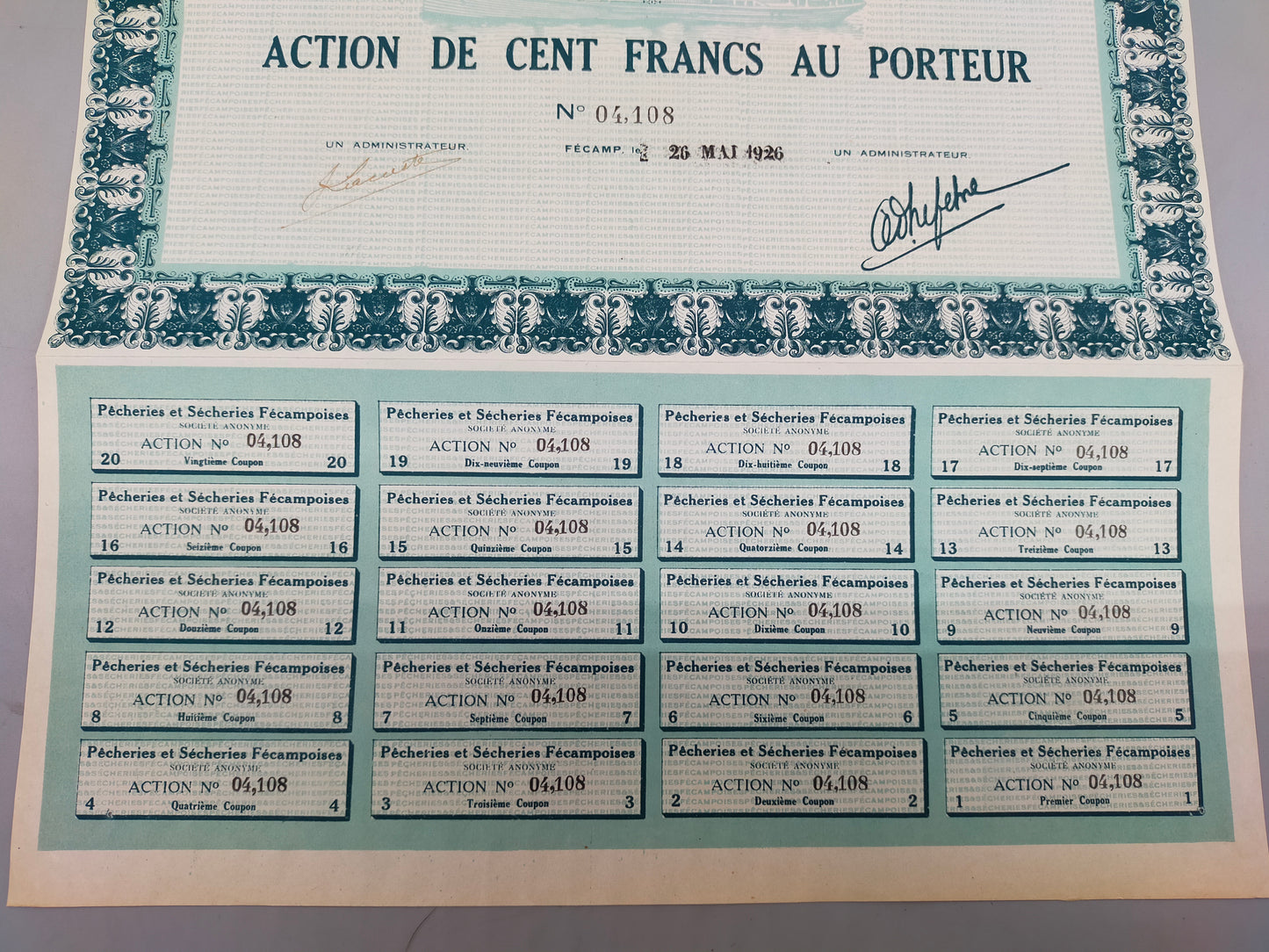 Historische Aktie Pêcheries & Sécheries Fécampoises Fécamp 1926