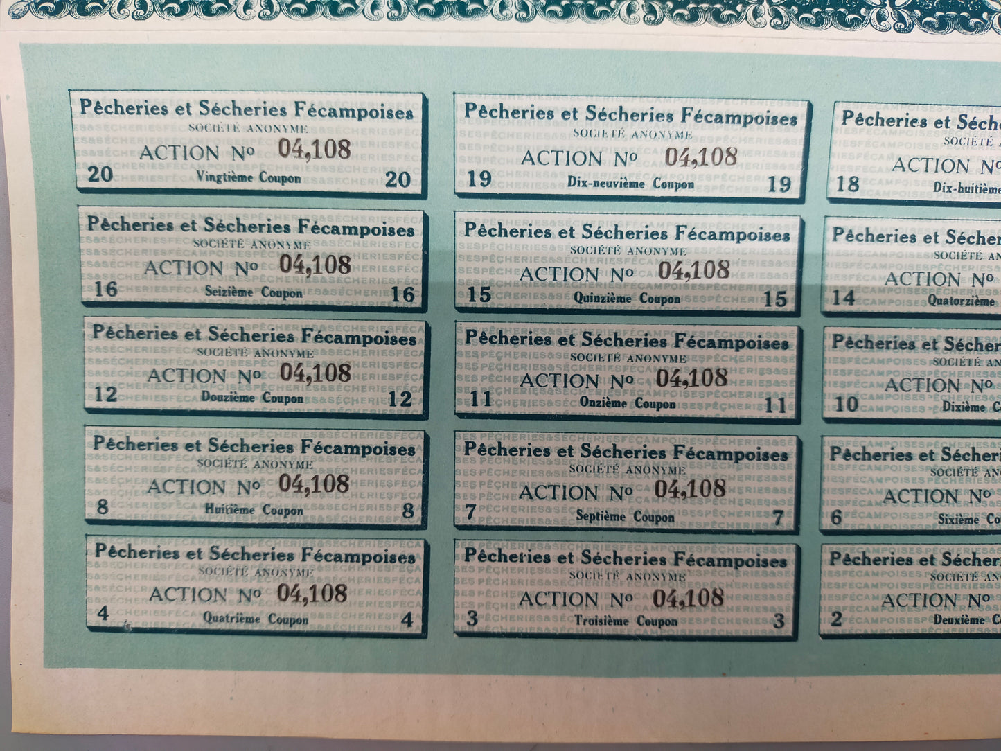Historische Aktie Pêcheries & Sécheries Fécampoises Fécamp 1926
