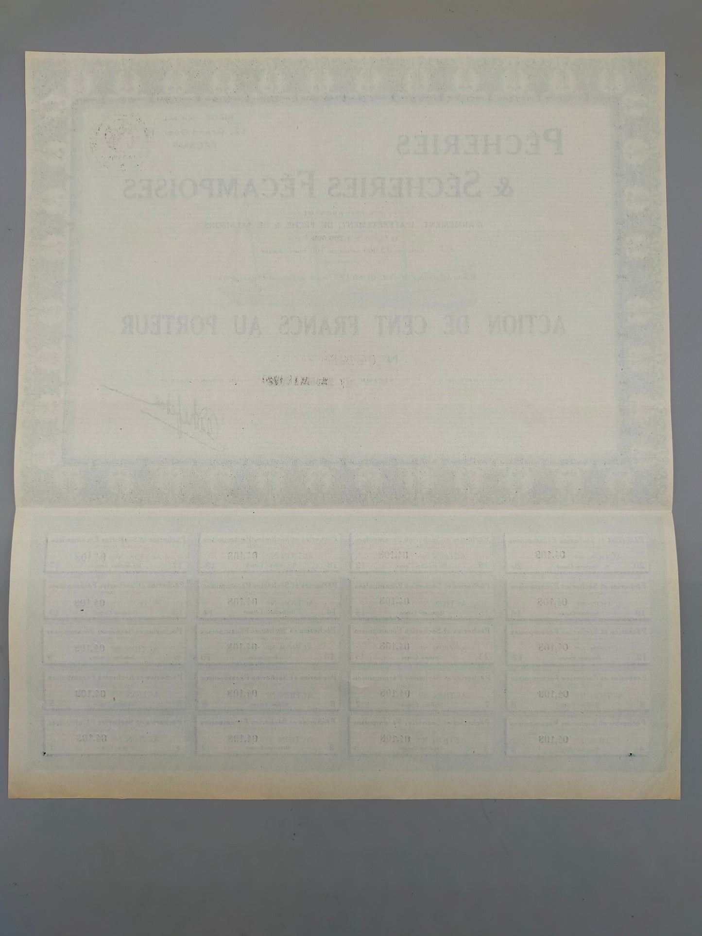 Historische Aktie Pêcheries & Sécheries Fécampoises Fécamp 1926