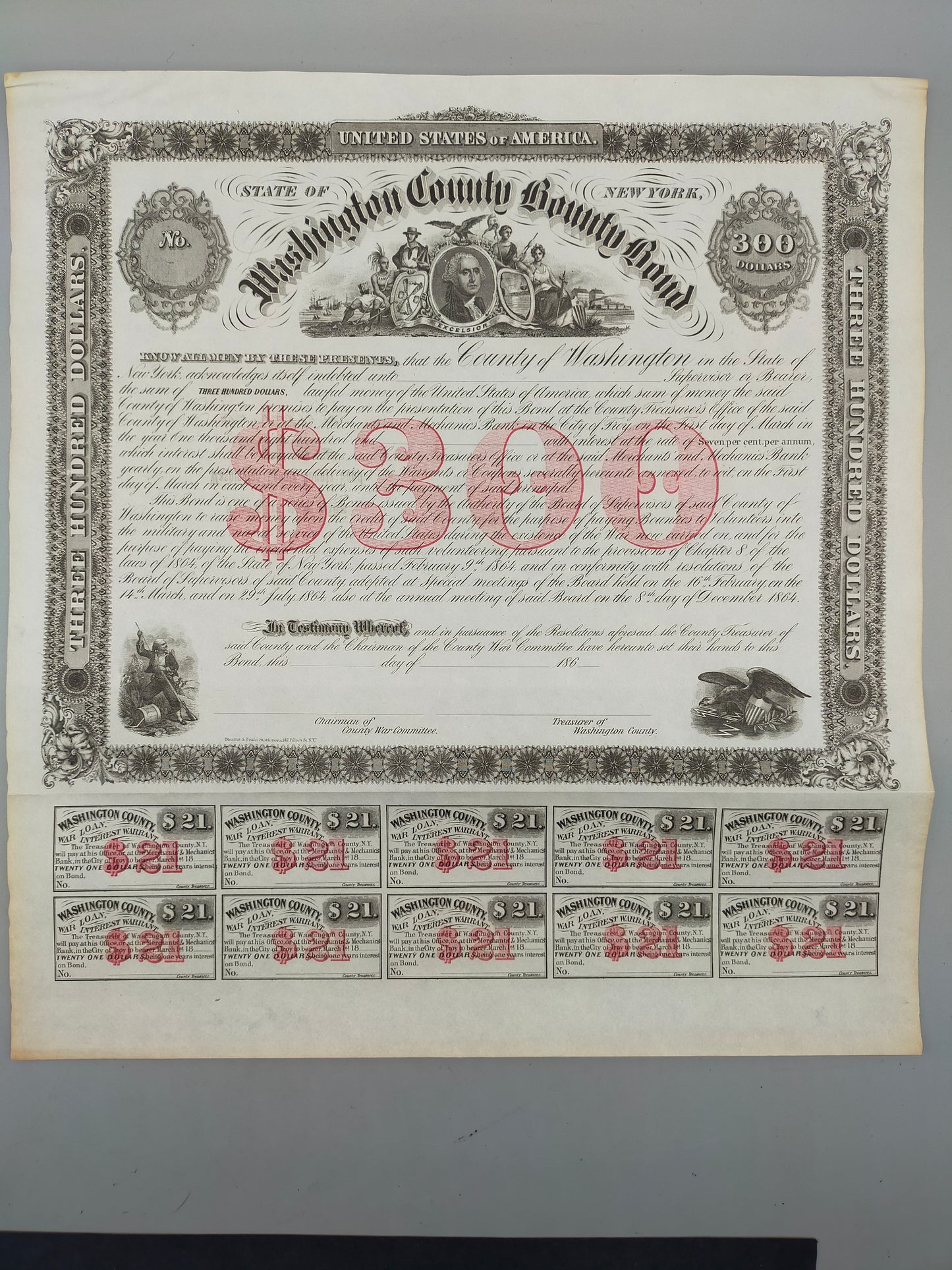 Historische Washington County Bounty Bond 1864 300$