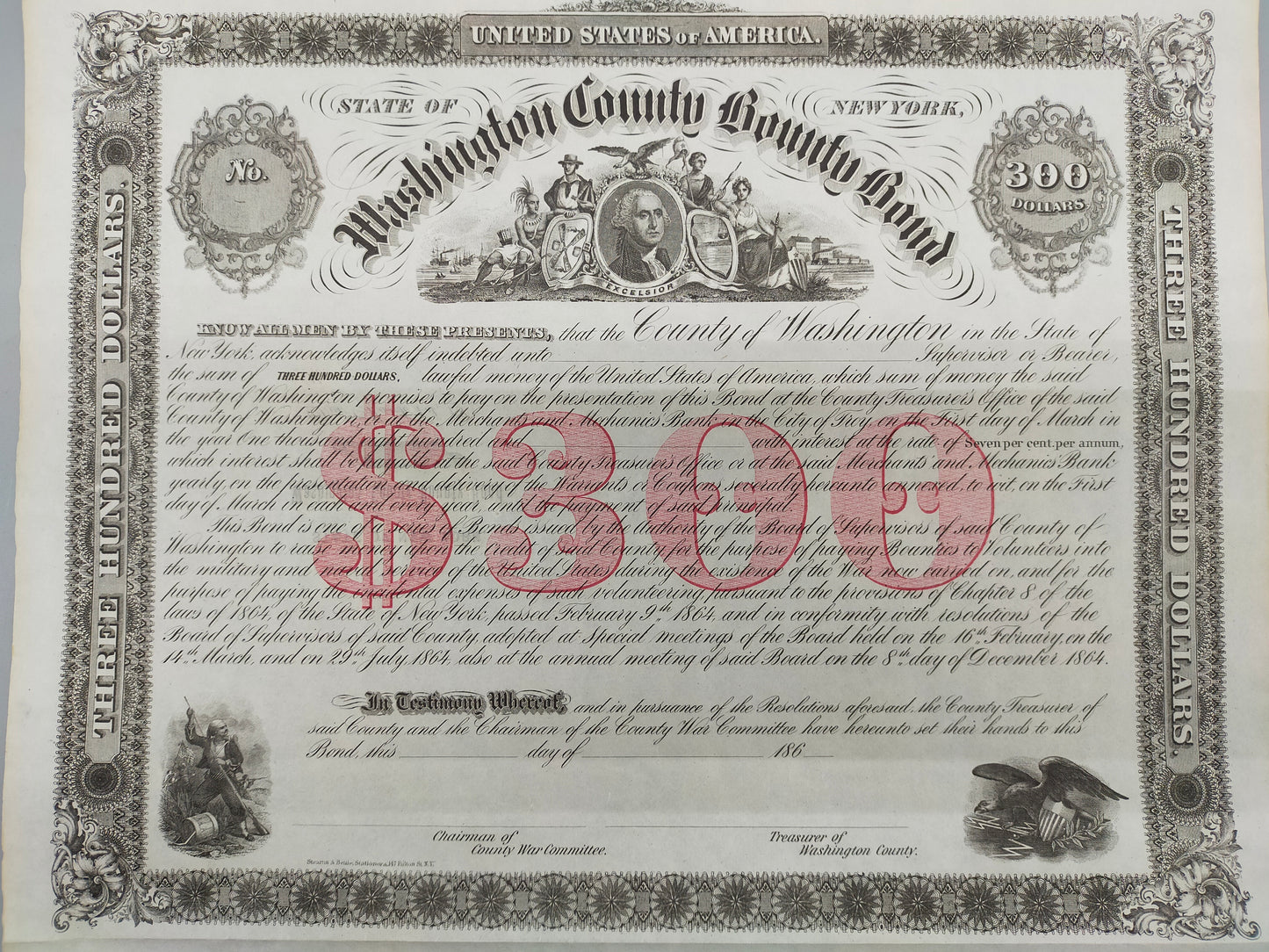 Historische Washington County Bounty Bond 1864 300$