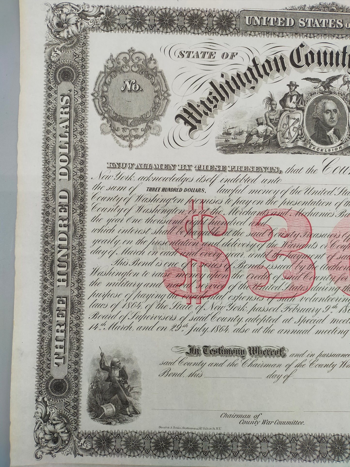 Historische Washington County Bounty Bond 1864 300$