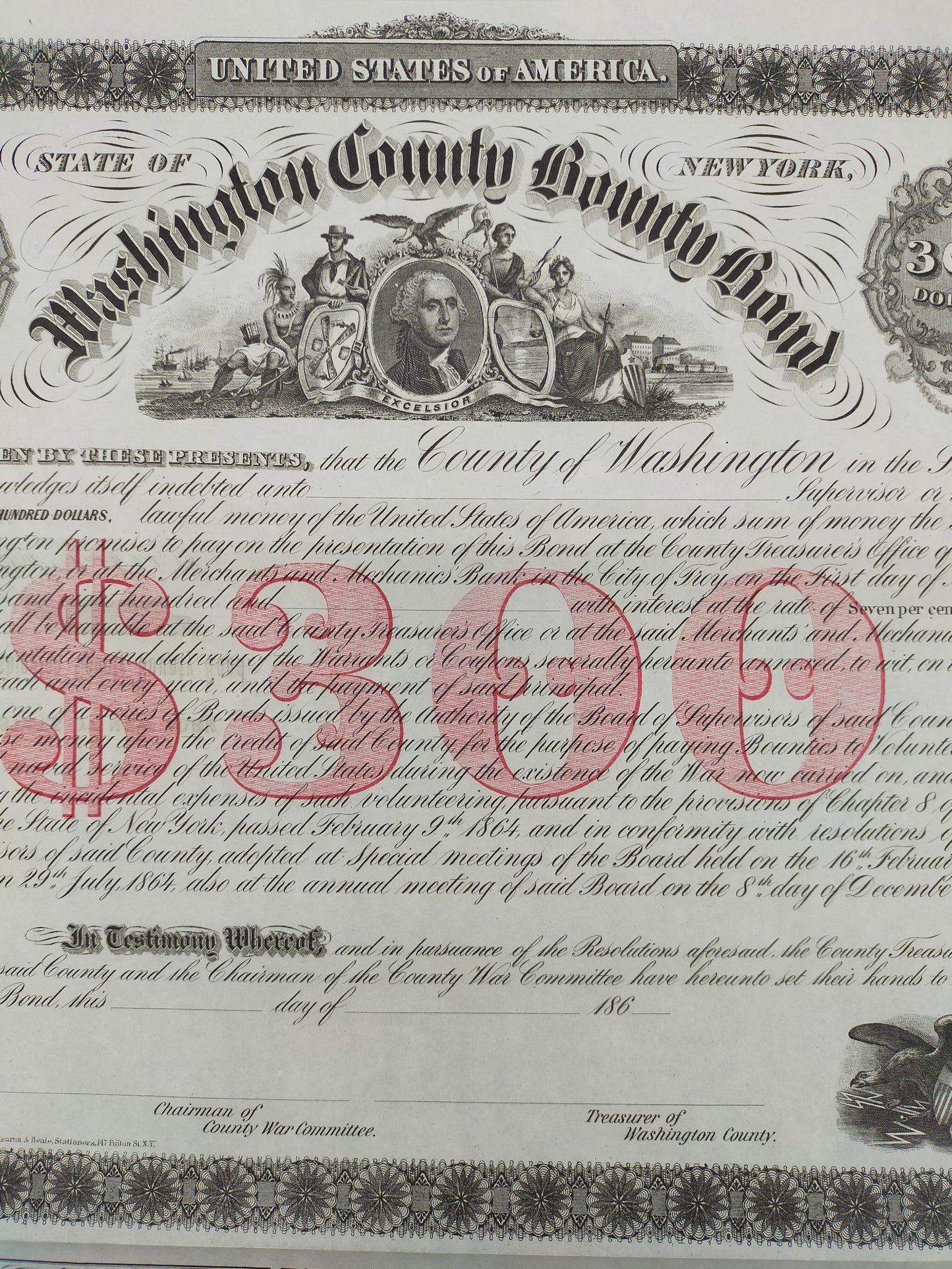 Historische Washington County Bounty Bond 1864 300$