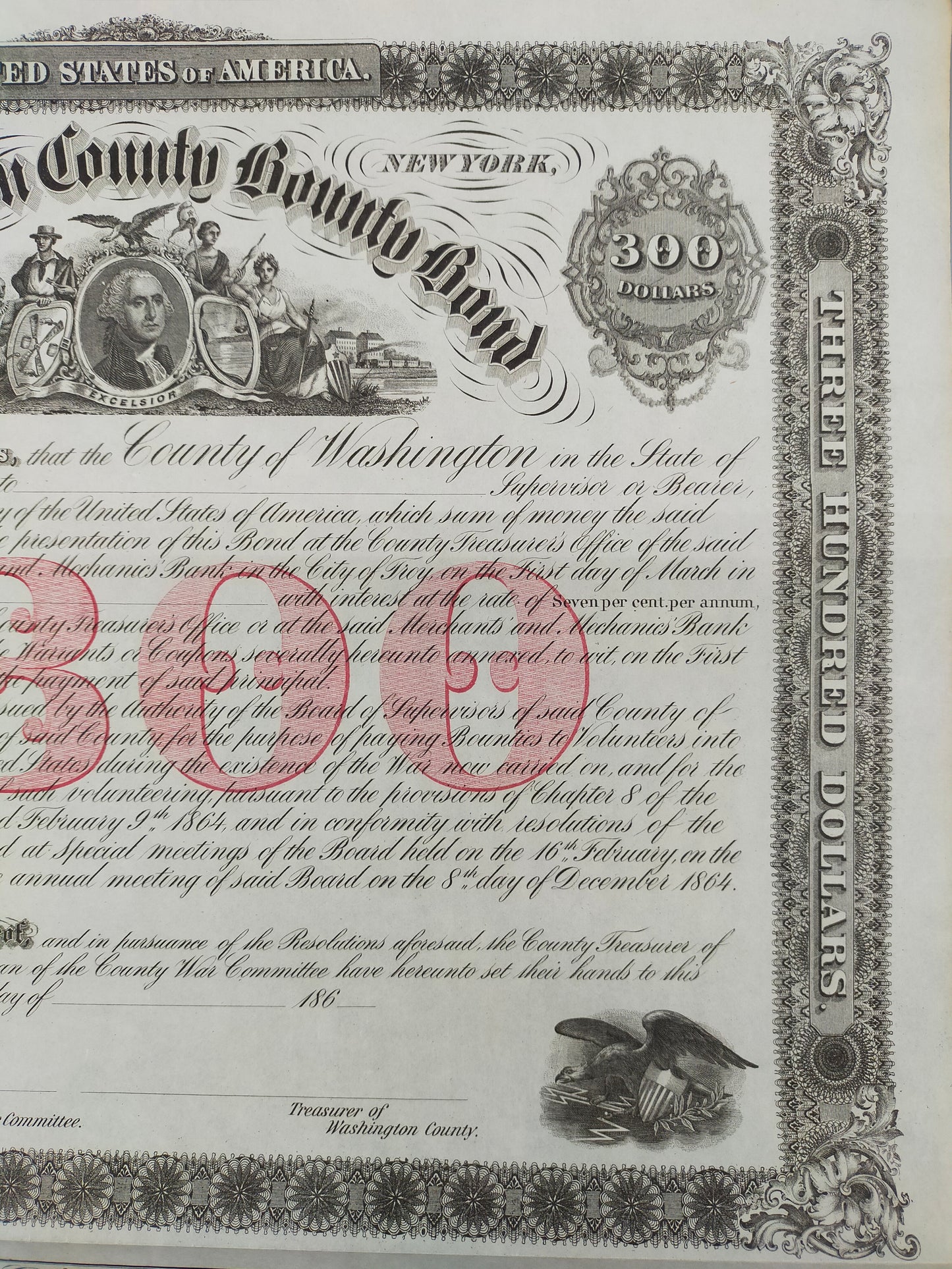 Historische Washington County Bounty Bond 1864 300$