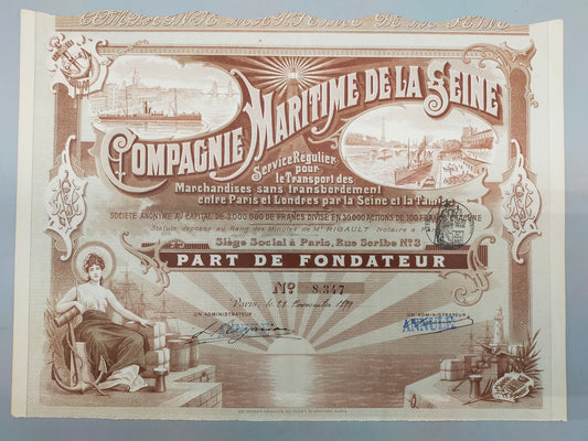 Antike Historische Aktie Compagnie Maritime de la Seine Paris 1899