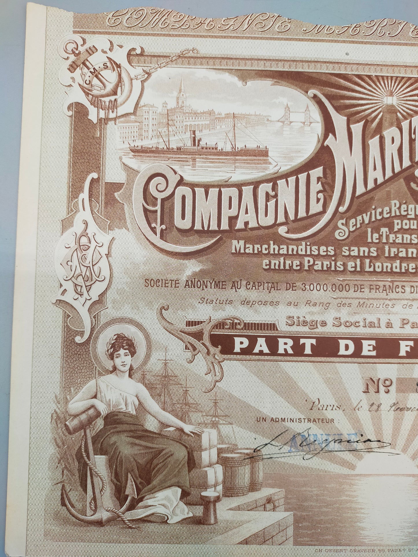 Antike Historische Aktie Compagnie Maritime de la Seine Paris 1899