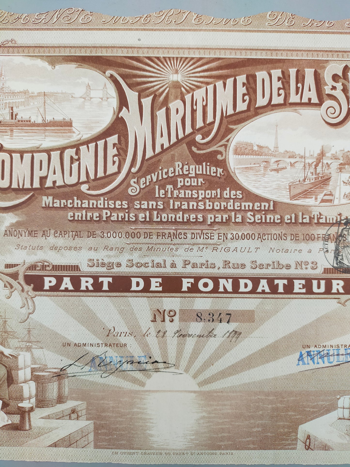 Antike Historische Aktie Compagnie Maritime de la Seine Paris 1899