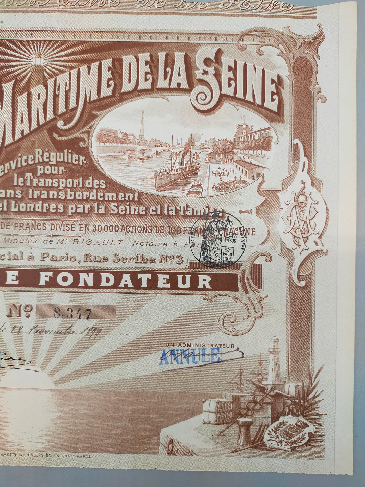 Antike Historische Aktie Compagnie Maritime de la Seine Paris 1899